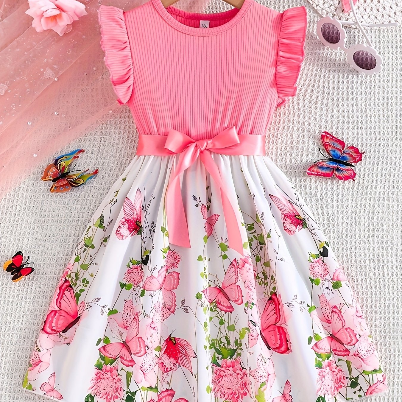 Image of Girls' Print Round Neck Flounced Sleeve Dress With Belt, Christmas Valentine's Day Dress, Perfect For Gifting, Holiday Parties, Gatherings/vacation/outdoor/casual Wear