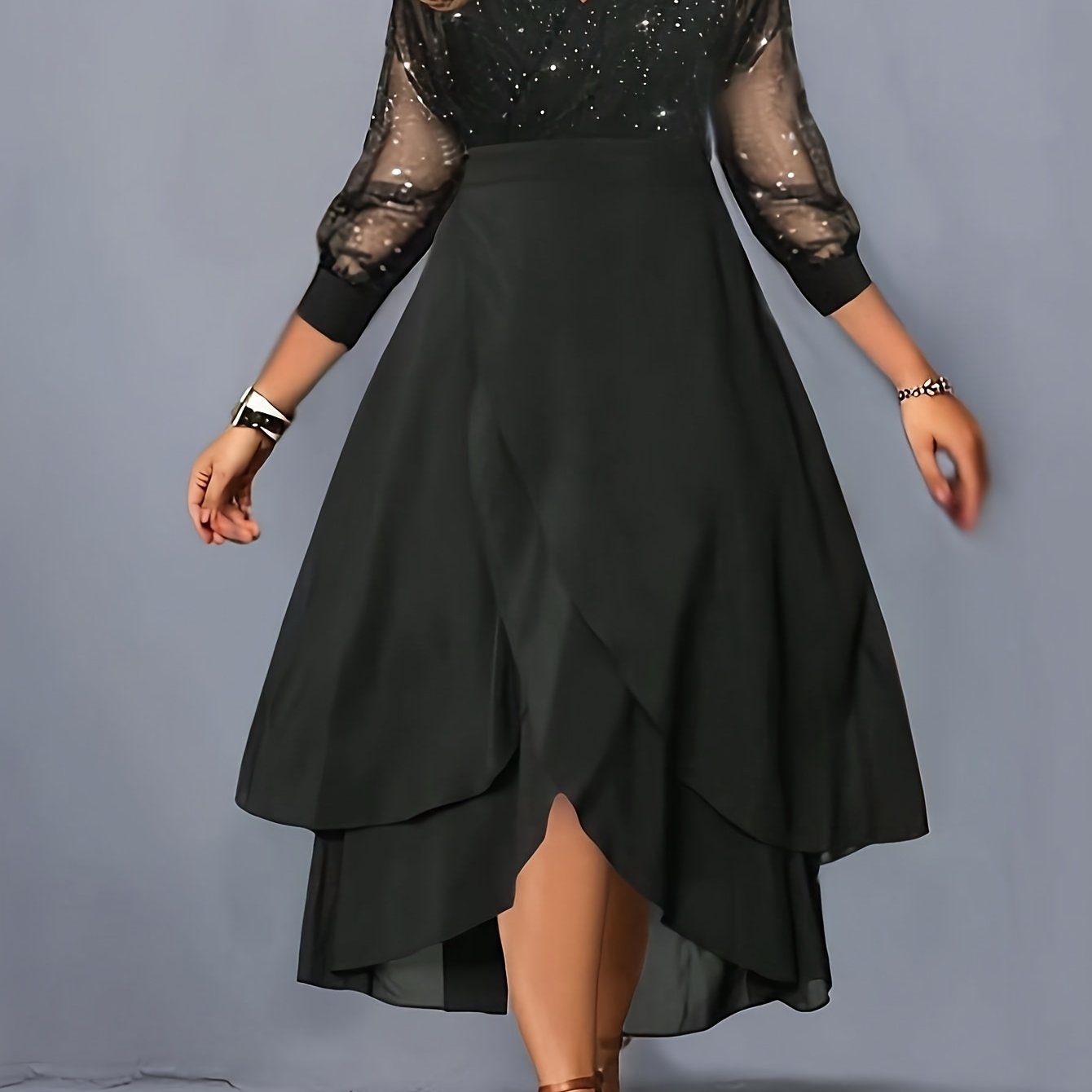 TEMU Women's Fashionable And Elegant Mesh Three-quarter Sleeve Holiday Party Dress, New Year Dress, Light Formal Wear For Dating