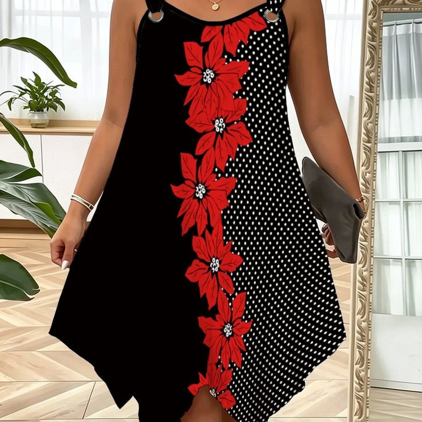 Image of Plus Size - Square Neck Tank Dress With Detail And Floral Print, Flowy Irregular Angled Hem Plus Size Women's Clothing
