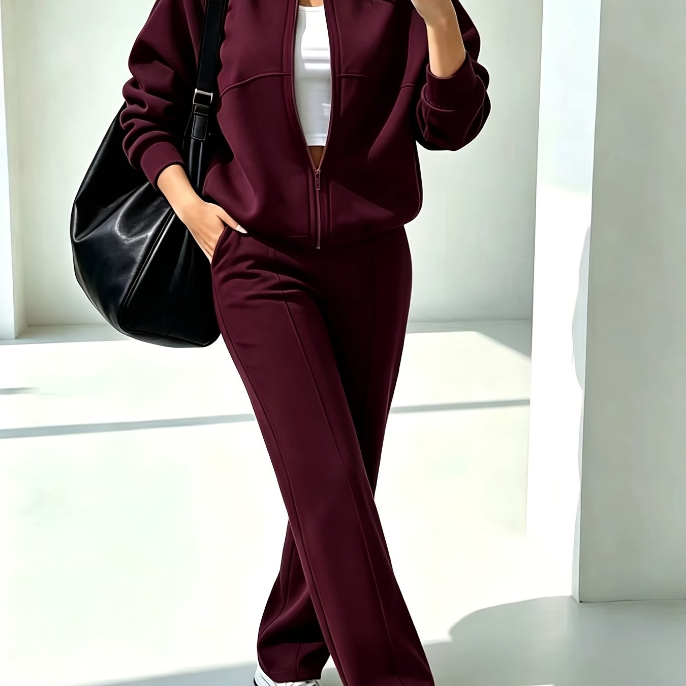 TEMU Casual Fashion Solid Color Set, Women' Color Stand Collar Zipper Sweatshirt Set