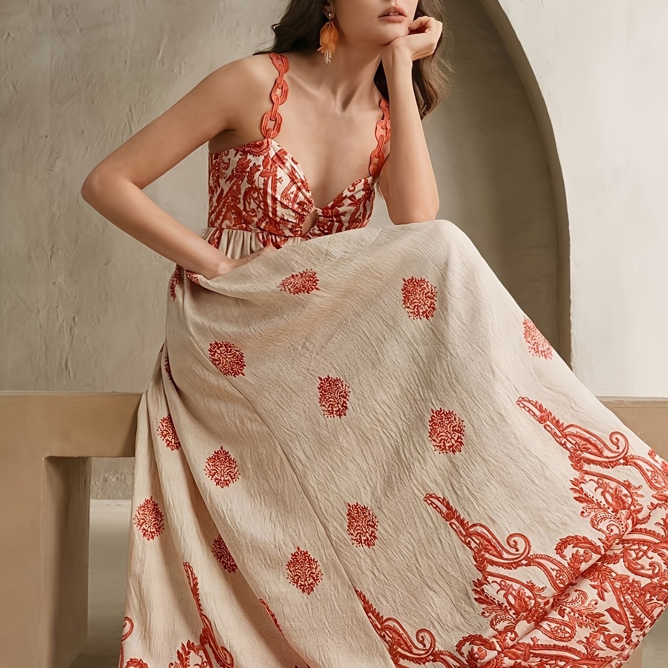 TEMU Sexy Böhmisches Schulterfreies Oranges Blumenmuster Maxikleid - A-Linien Strandkleid für Frauen, Leichtes Maschinenwaschbares Frühling Sommer