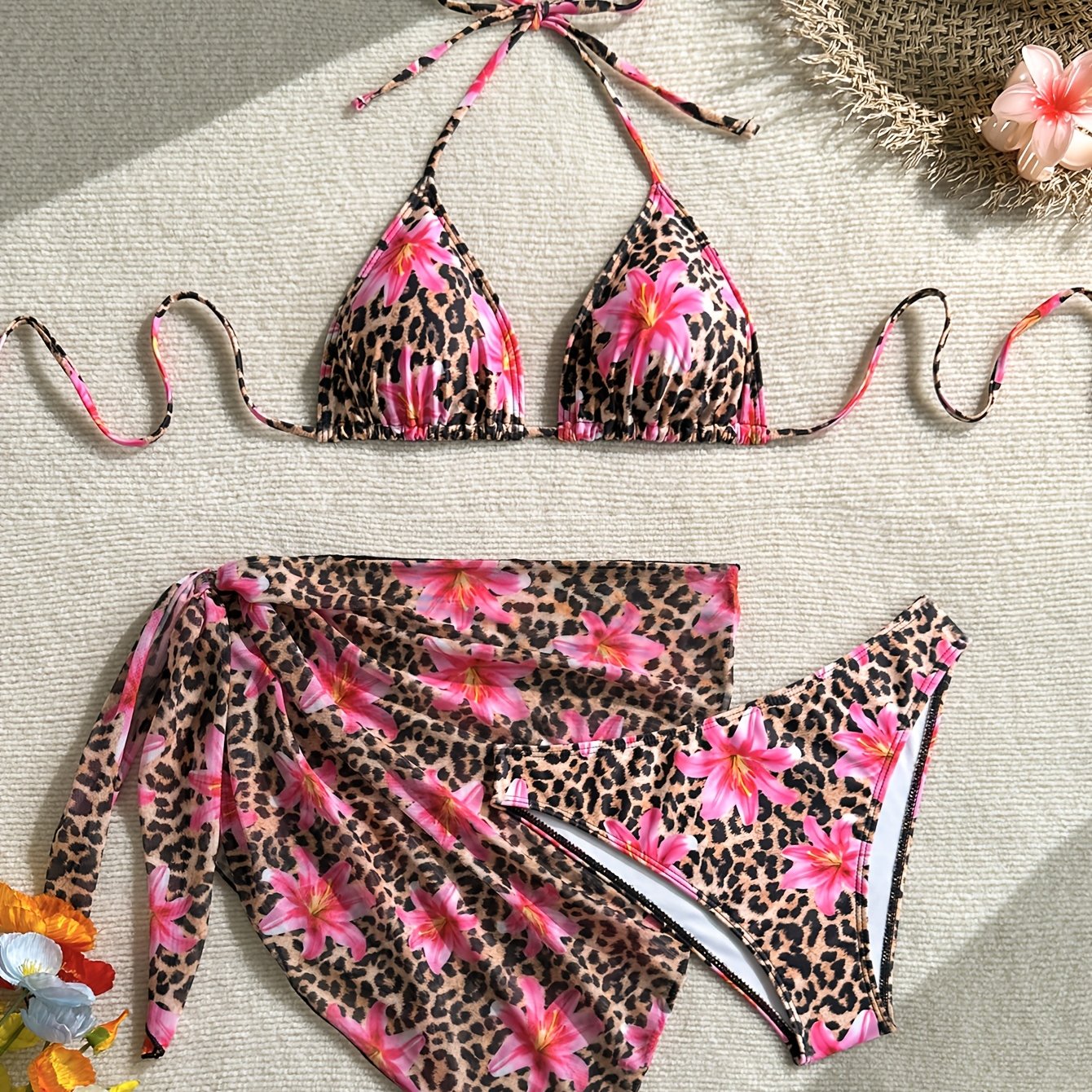 TEMU Women's Bikini Set With Leopard Print And Floral Pattern, Sexy Triangle Top, Triangle Briefs, And Mesh Half-skirt With Sheer Overlay