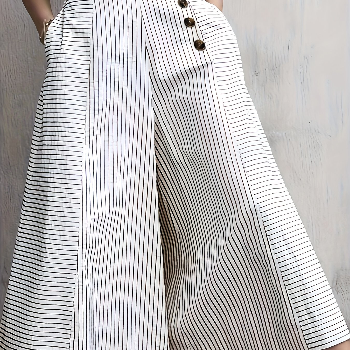 Women's Casual Striped Wide-leg Pants - High-waisted, Button Detail, Lightweight Polyester, Machine Washable - Spring/summer