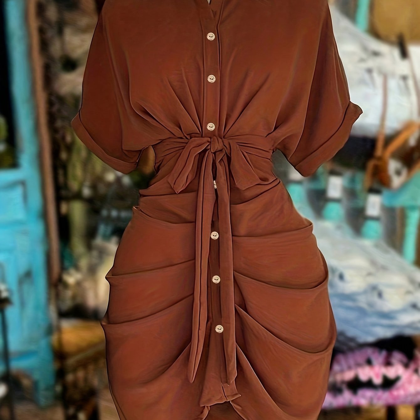 TEMU Women's Fashion Lapel Single-breasted Waist Tie Short Sleeve Dress