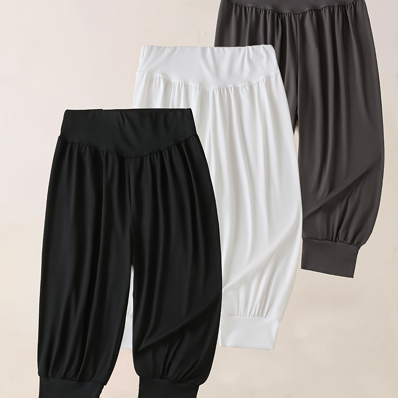 TEMU 3pcs Women's 7/8 Harem Pants - Casual Stretch Polyester, Pleated Waist, , Suitable For Casual Wear, Spring/autumn Pants | Smooth Fashion Pants |