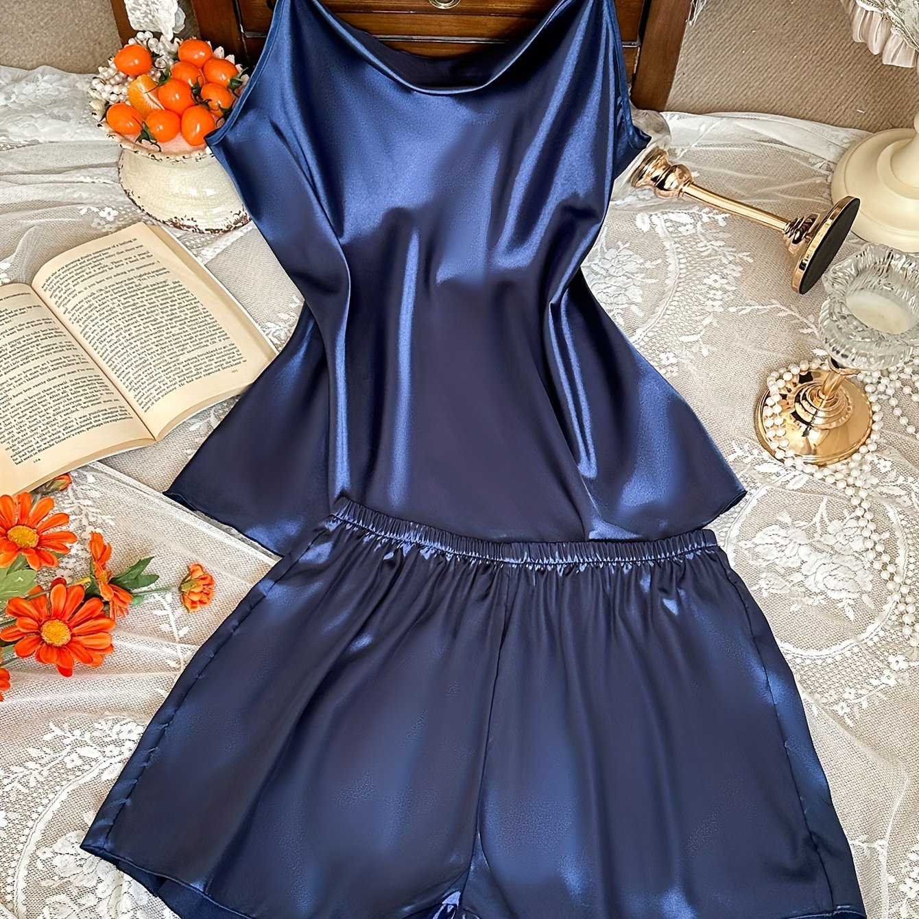 TEMU Plus Size Slouchy Collar Cami Shorts Pajama Set, 2pcs For Women