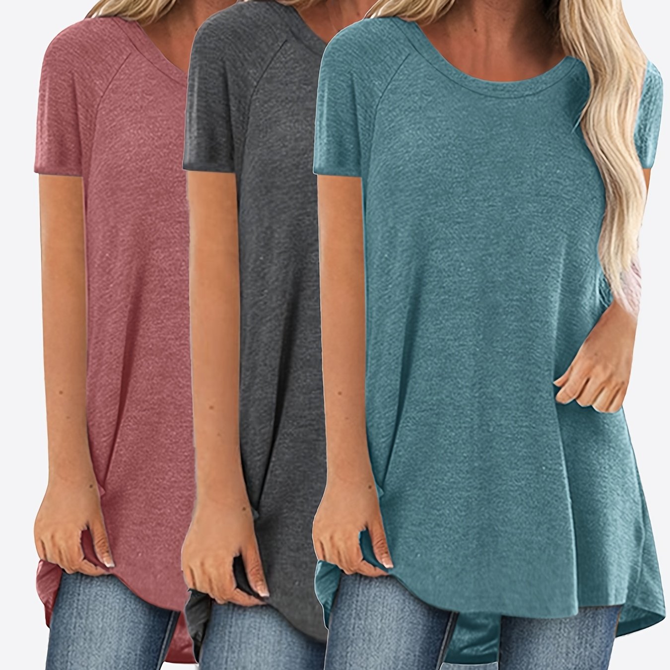Women's Round Neck Short Sleeve T-shirt 3pcs Set