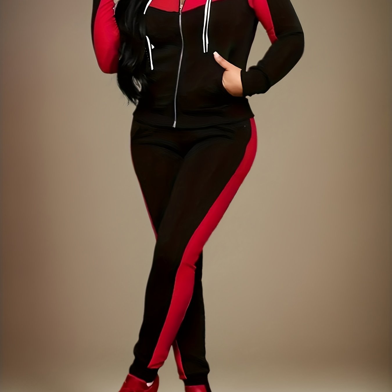 TEMU 2025 Women's New Camouflage Printed Hooded Sweatshirt And Jogging Pants Set, With Zipper Hooded Long Sleeves And Red And Black Jogging Pants,