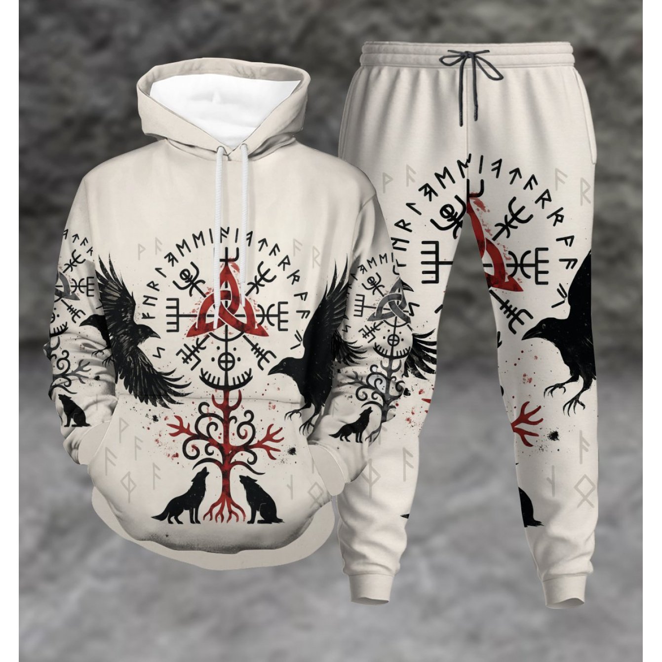 TEMU Men's 2pcs Viking-inspired Wolf And Eagle Full-body Print Hooded Sweatsuit Set - Casual Outfit With Adjustable Drawstring Hoodie And Pocket
