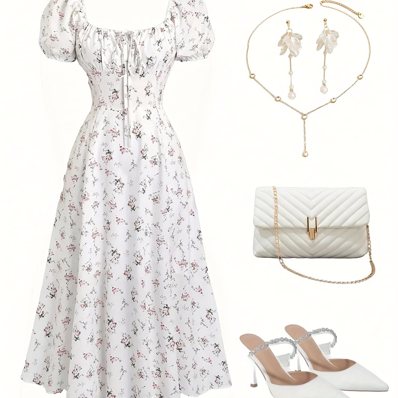 E-shop Elegantes, romantisches Kleid mit kleinen Blumenmuster, schulterfreies Rüschenkleid für schnelle Dates, keine Zusätze