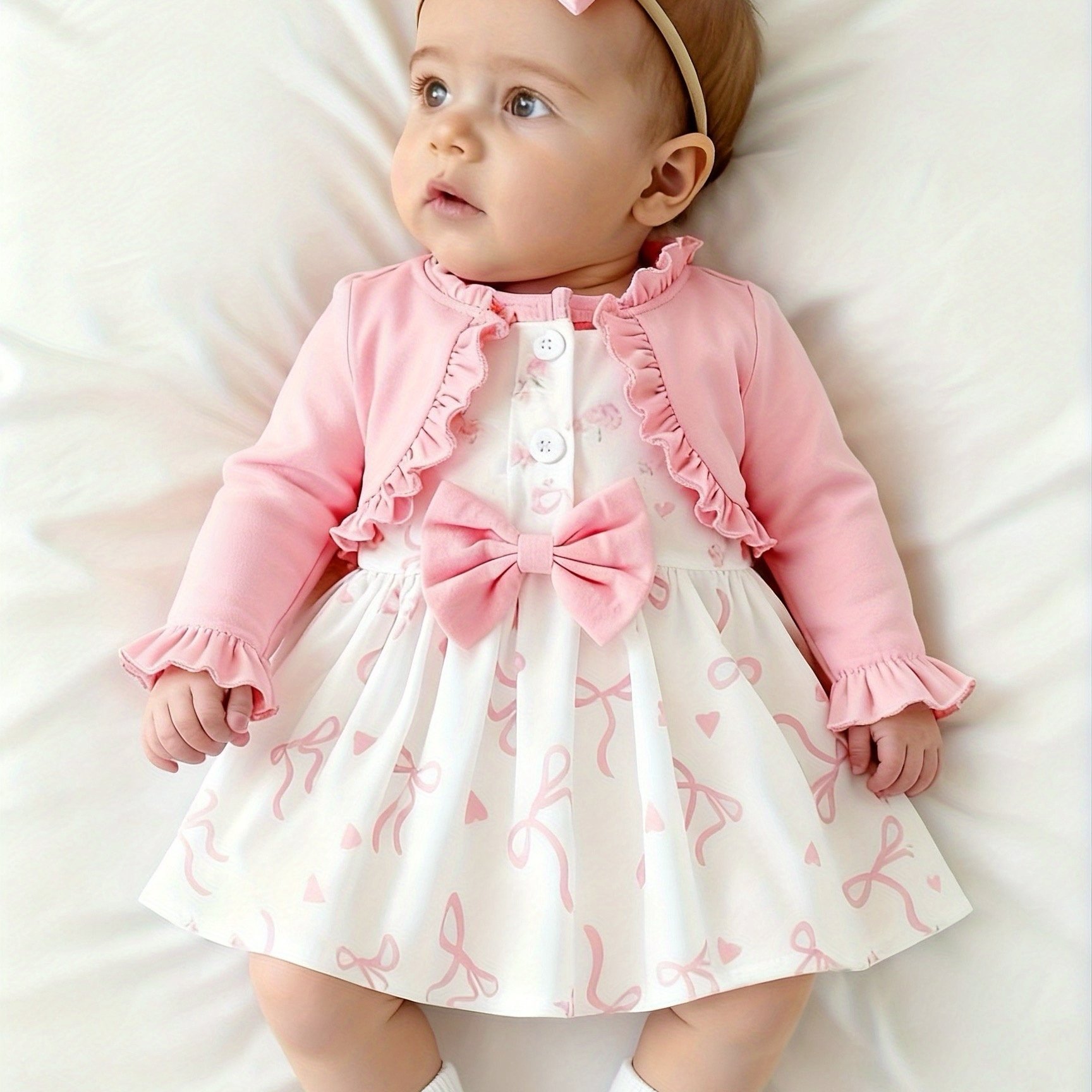 Image of Cute Baby Girl Long Sleeve Dress With Heart Bow Button Decoration And Bow Headband P102080