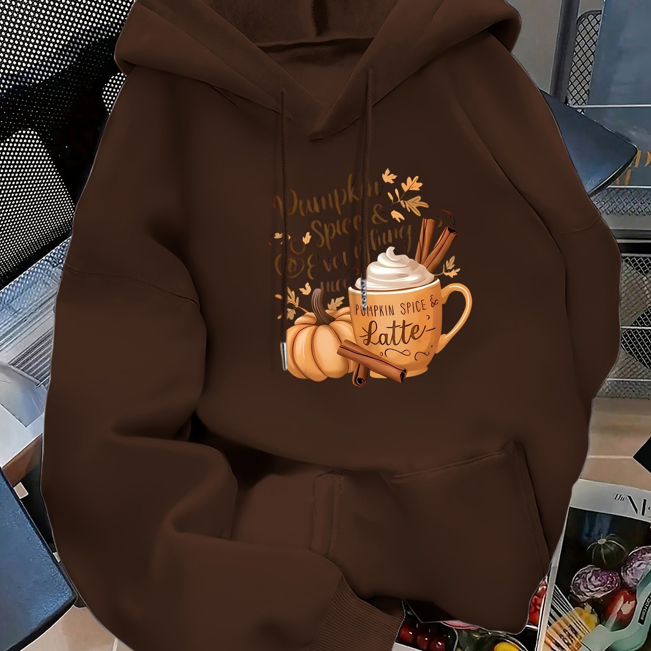 TEMU Women's Fashionable Hoodie For Halloween Coffee. Pumpkin Spine Ratte Letter And Pattern Printed Sweatshirt With Long Sleeves And Kangaroo