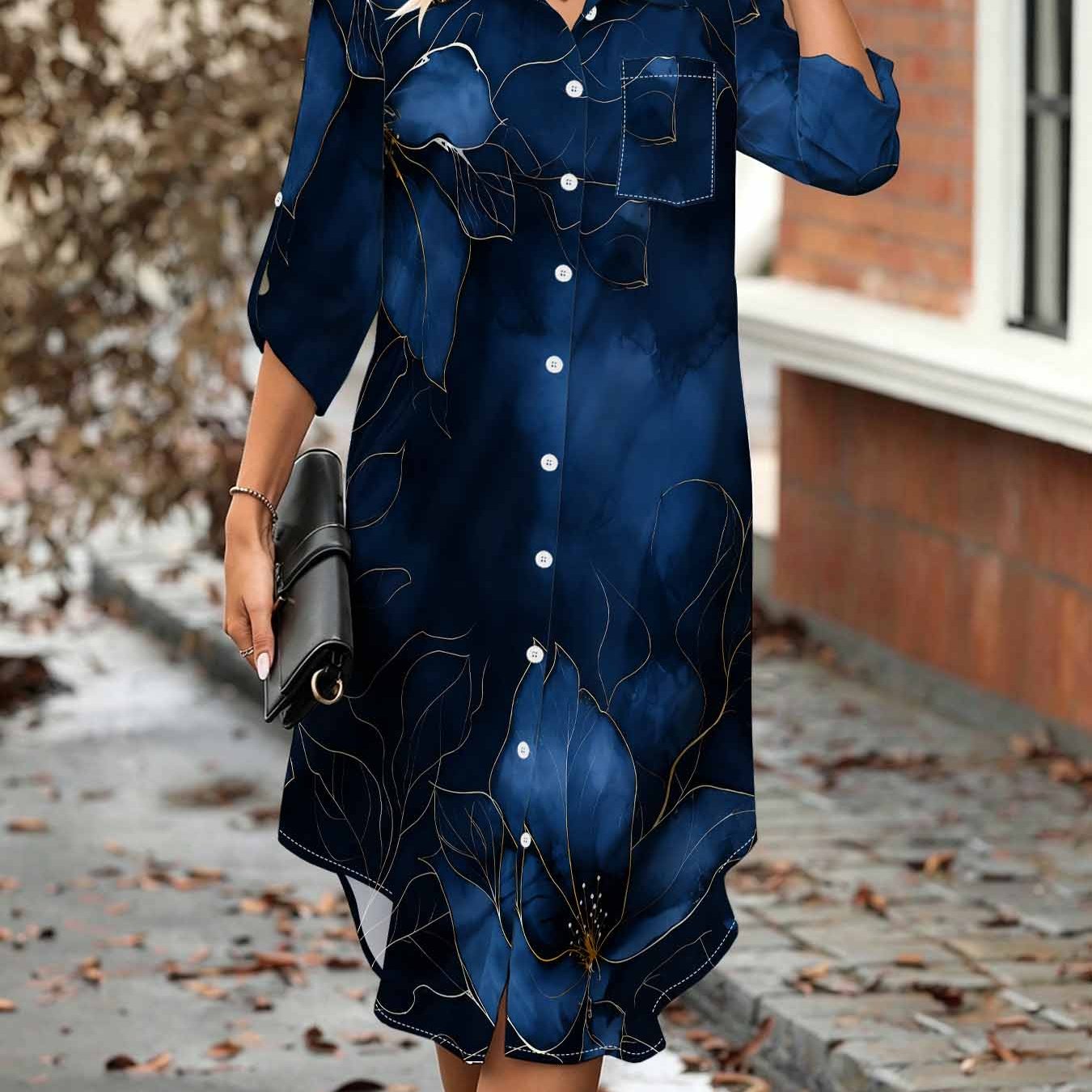 Image of Plus Size Women's Navy Floral Print Shirt Dress, Button- Collar, Aline Mid-length With 3/4 Sleeves, Collar And Buttons, Elegant Shirt Dress With Chest Pocket