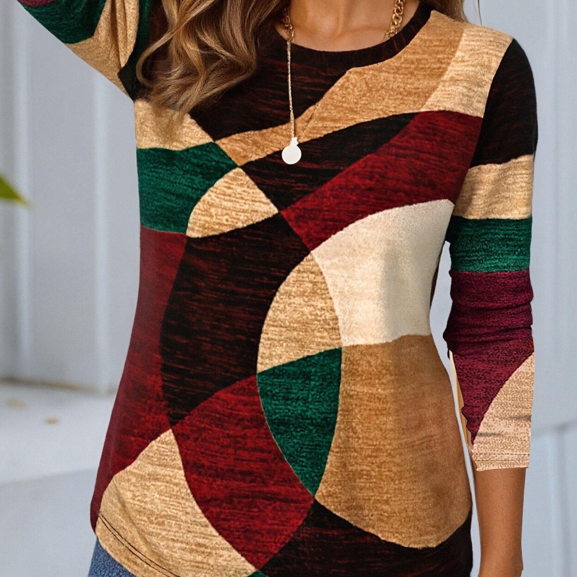 E-shop Elegante Einfache Vielseitige Langarm Geometrisches Muster Damen Bedrucktes T-Shirt