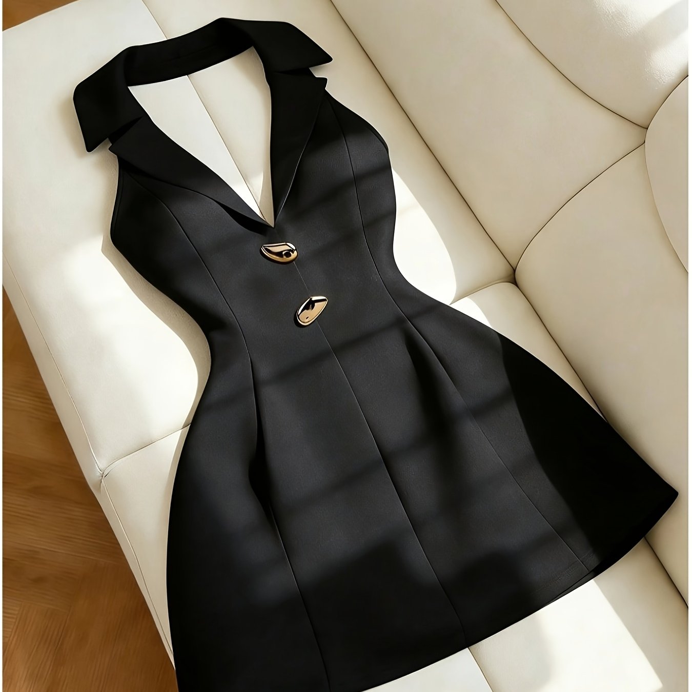TEMU Elegant Exquisite Women's Black Sleeveless Lapel Metal Button Waist-cinched A-line Dress Bridesmaid Dress Fashion Temperament Piece For Date