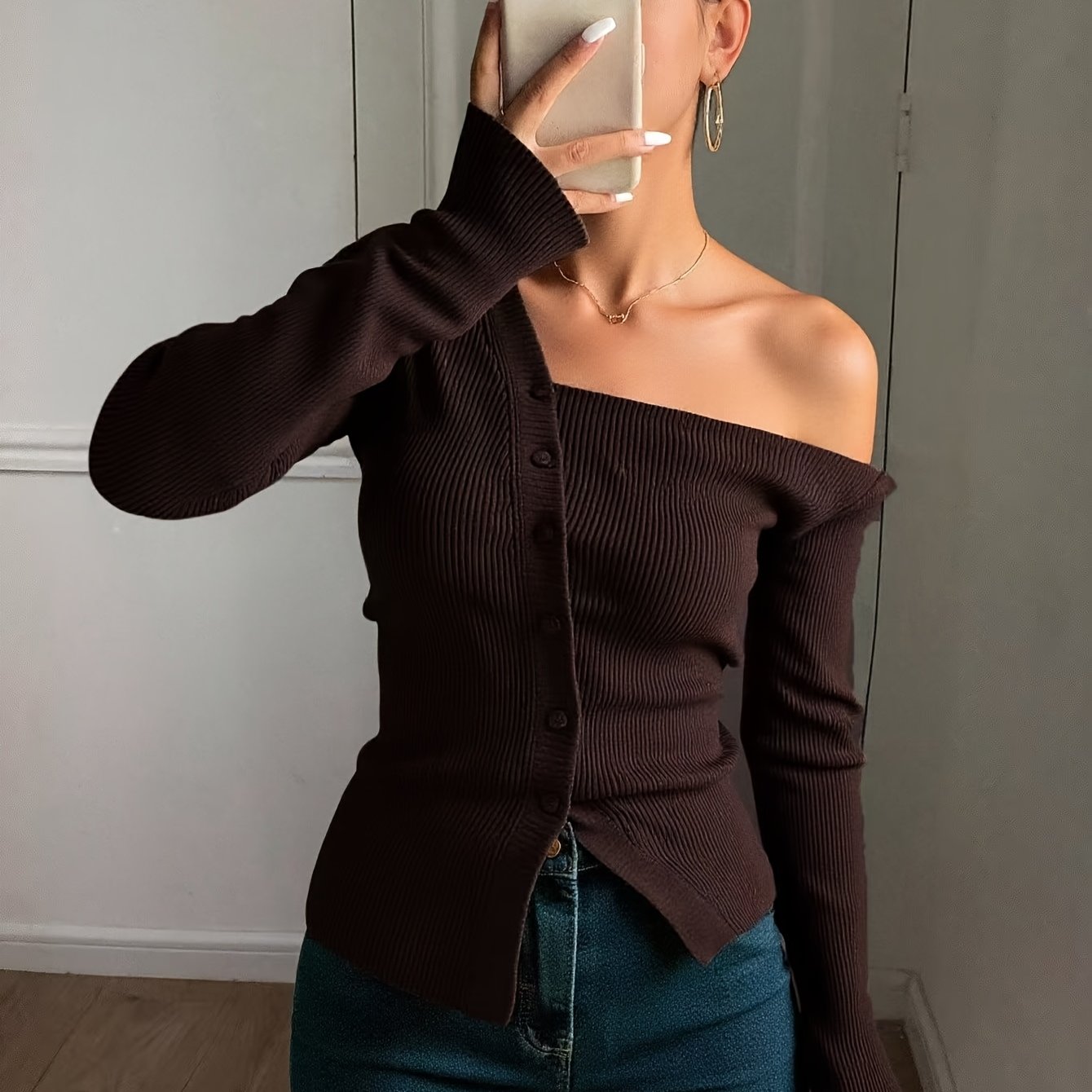 TEMU Women's Dark Ribbed Top, Off-shoulder Asymmetrical Button-up Long Sleeve Slim Fit Elegant Autumn/winter Sweater
