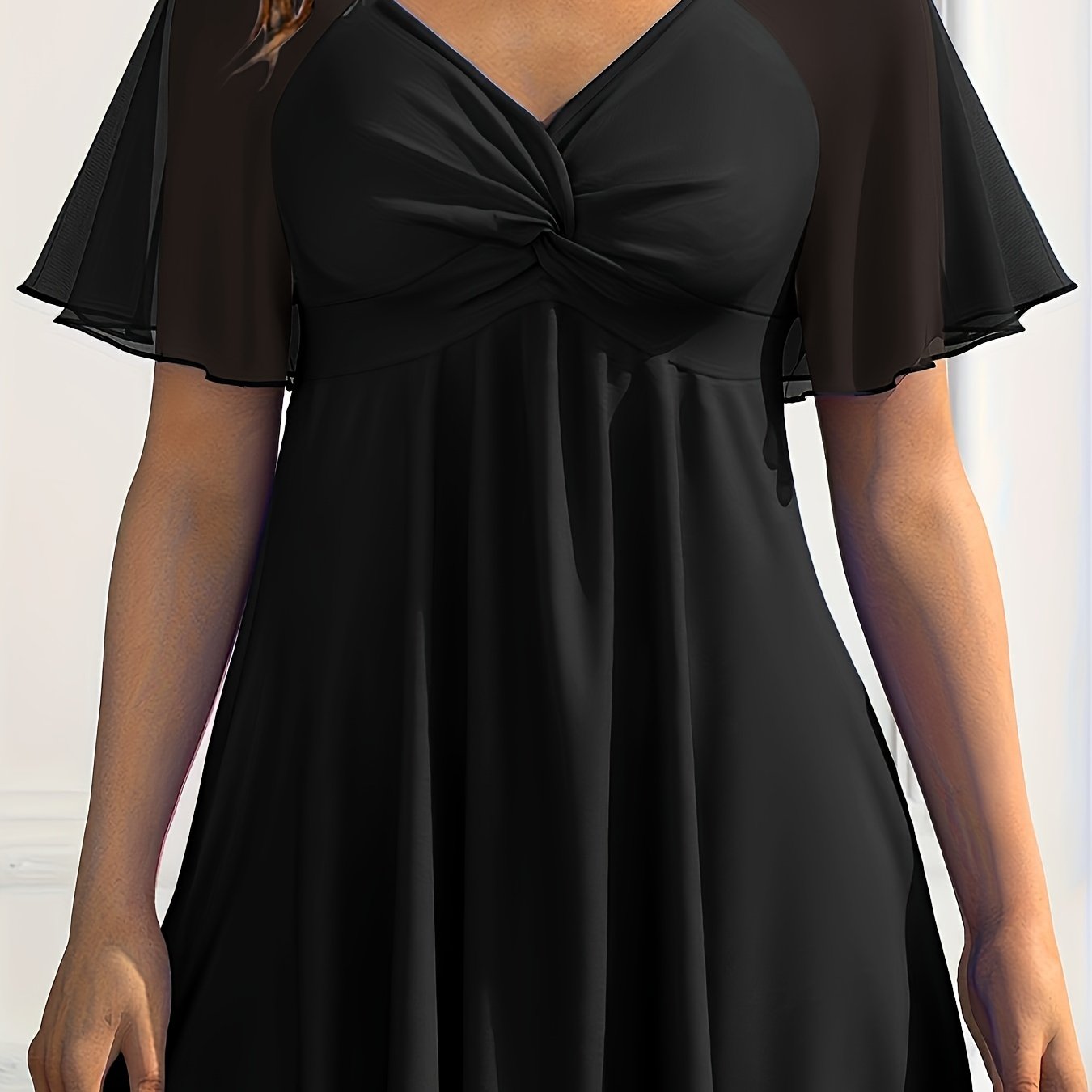 Image of Large Women's Elegant V-neck Chiffon Top - Lightweight Knotted Detail Blouse, Machine Washable 3-season Casual Shirt For Spring Summer Fall, Versatile Wardrobe, Seasonal Fashion, Soft Texture Fabric