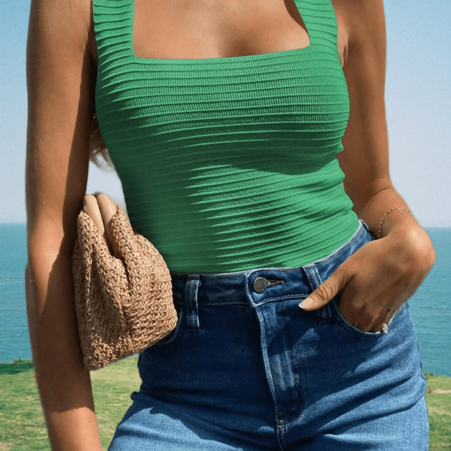 Image of Women's Summer Ribbed Tank Tops | Sleeveless Square Neck Slim Fit Stretchy Casual Cami, Solid Color, Chic Style