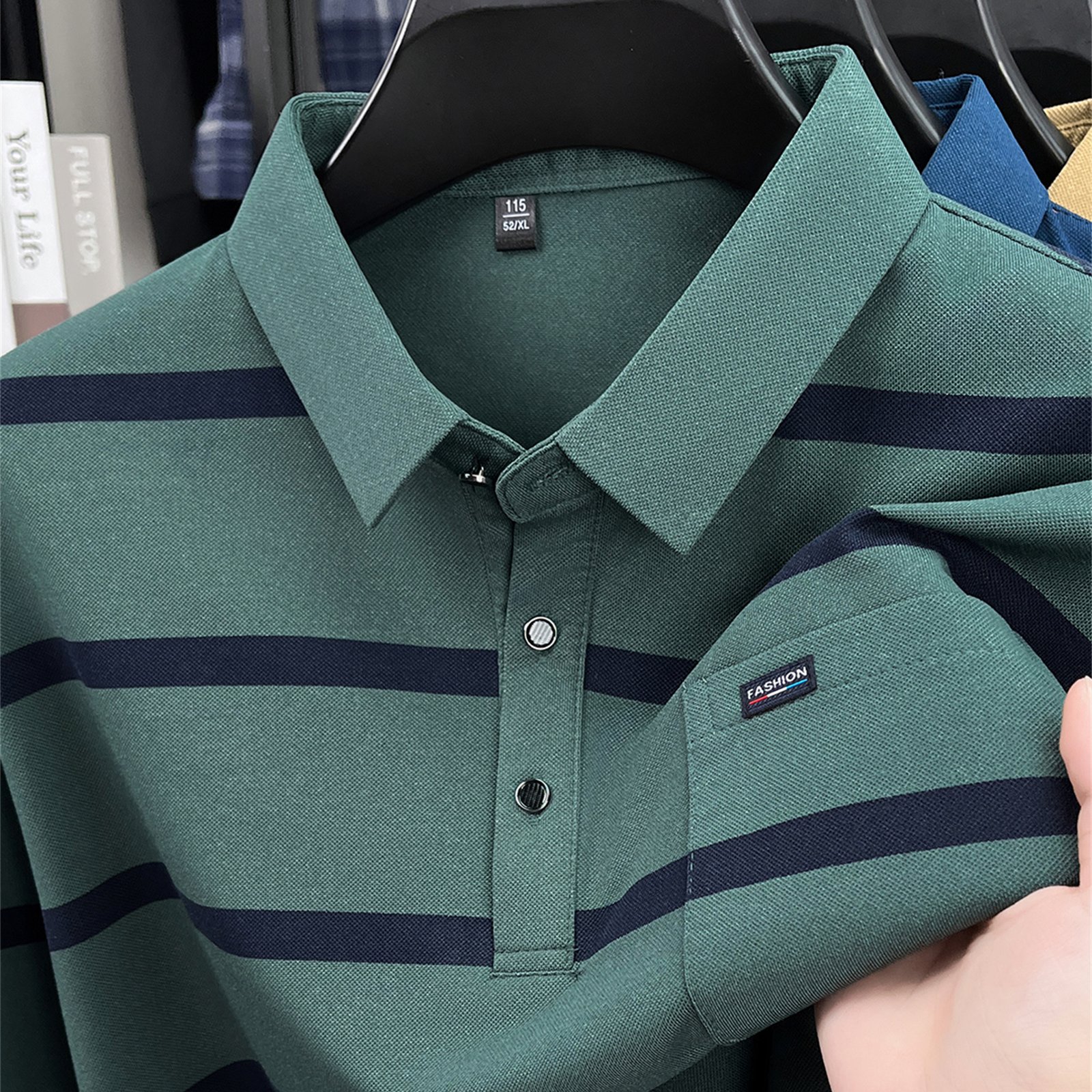 TEMU Camiseta de larga a rayas para hombre de edad, estilo papá, camiseta polo casual y versátil con cuello solapa, estilo , para y otoño, con