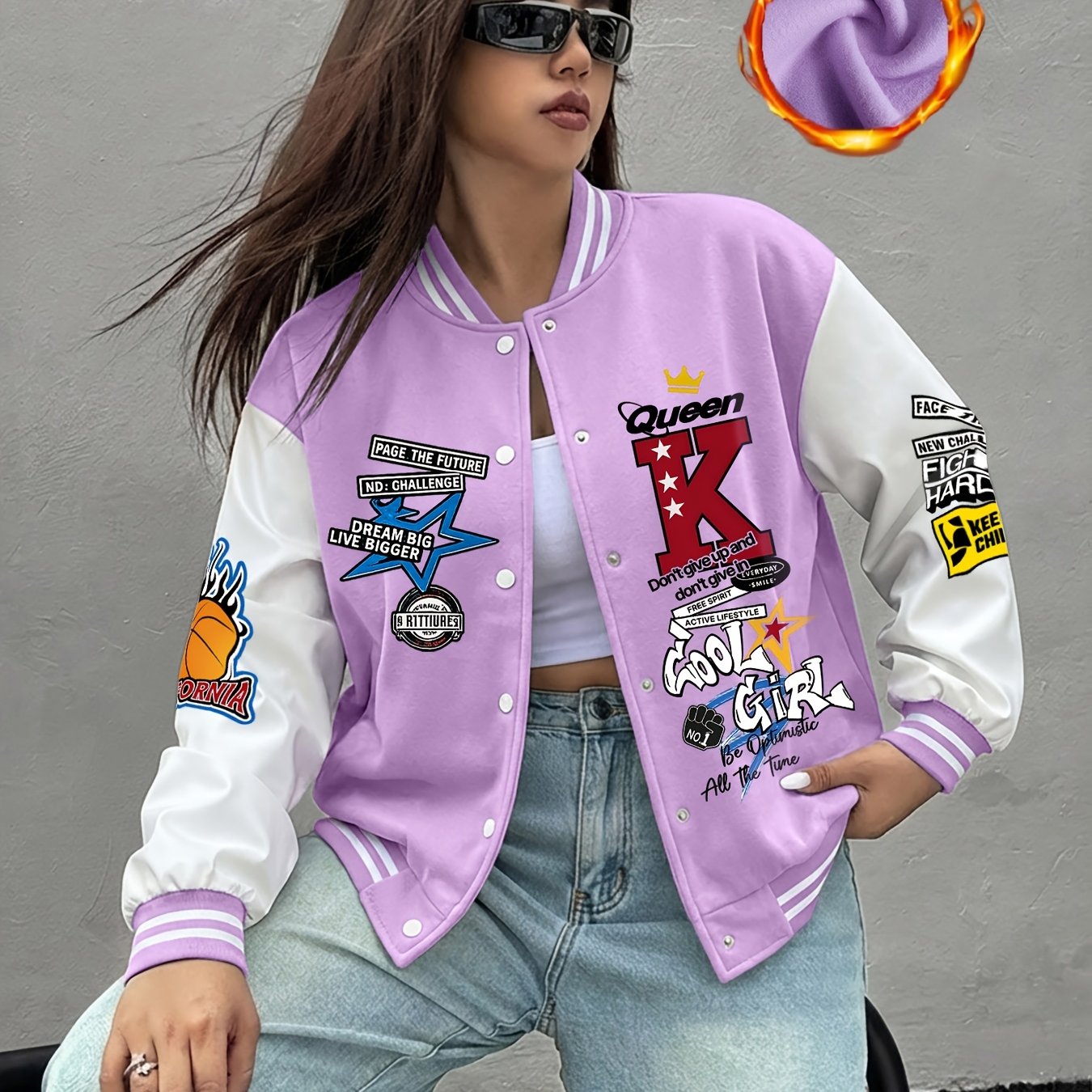 TEMU Trendy Multi-element Print Women's Fleece Baseball Jacket Snap Button Coat, Autumn And Winter Casual Outdoor Sports Baseball Uniform Top,