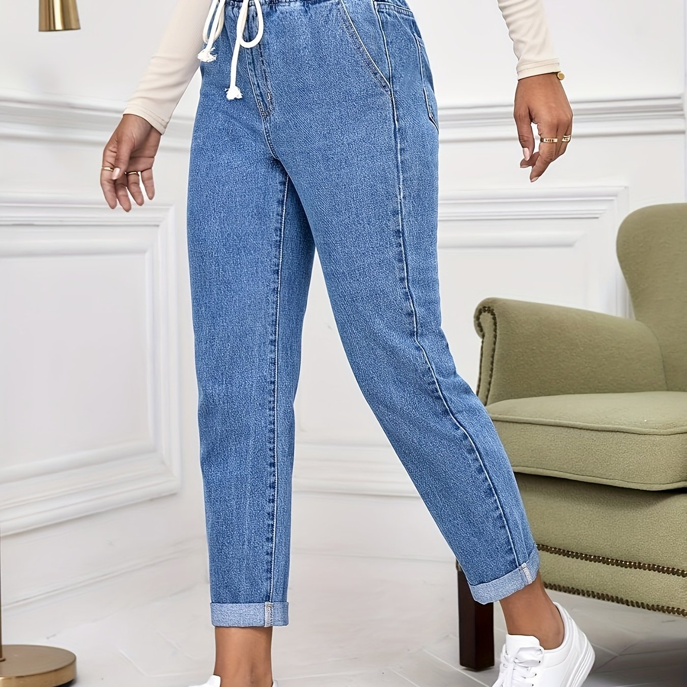 Women's High-waisted Stretch Jeans With Elastic Waist & Hem - Brown/ Wash Tapered Leg, Drawstring Closure, Casual & Dressy Pants (machine Washable) - Elegant Streetwear Trousers