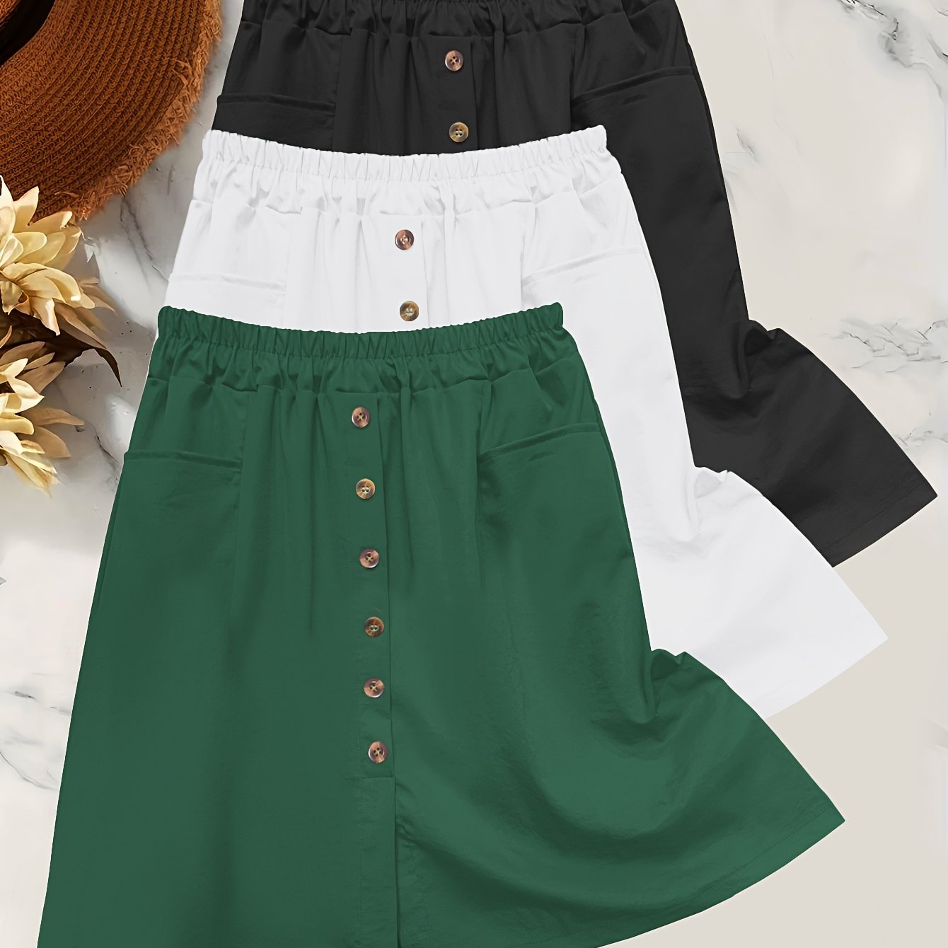 TEMU 3pcs Solid Color Button-pocket High-waist Skirt, Women's Elegant A-line Skirt
