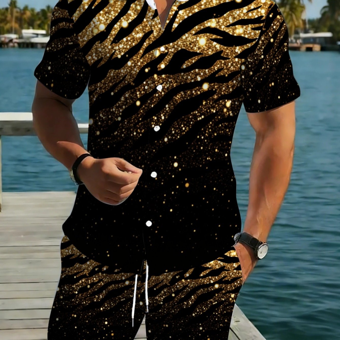 TEMU Men's Short Sleeve Shirt And Pants Set With Glitter Zebra Pattern, Lightweight Polyester Casual Attire For Beach Gatherings, Featuring A Black