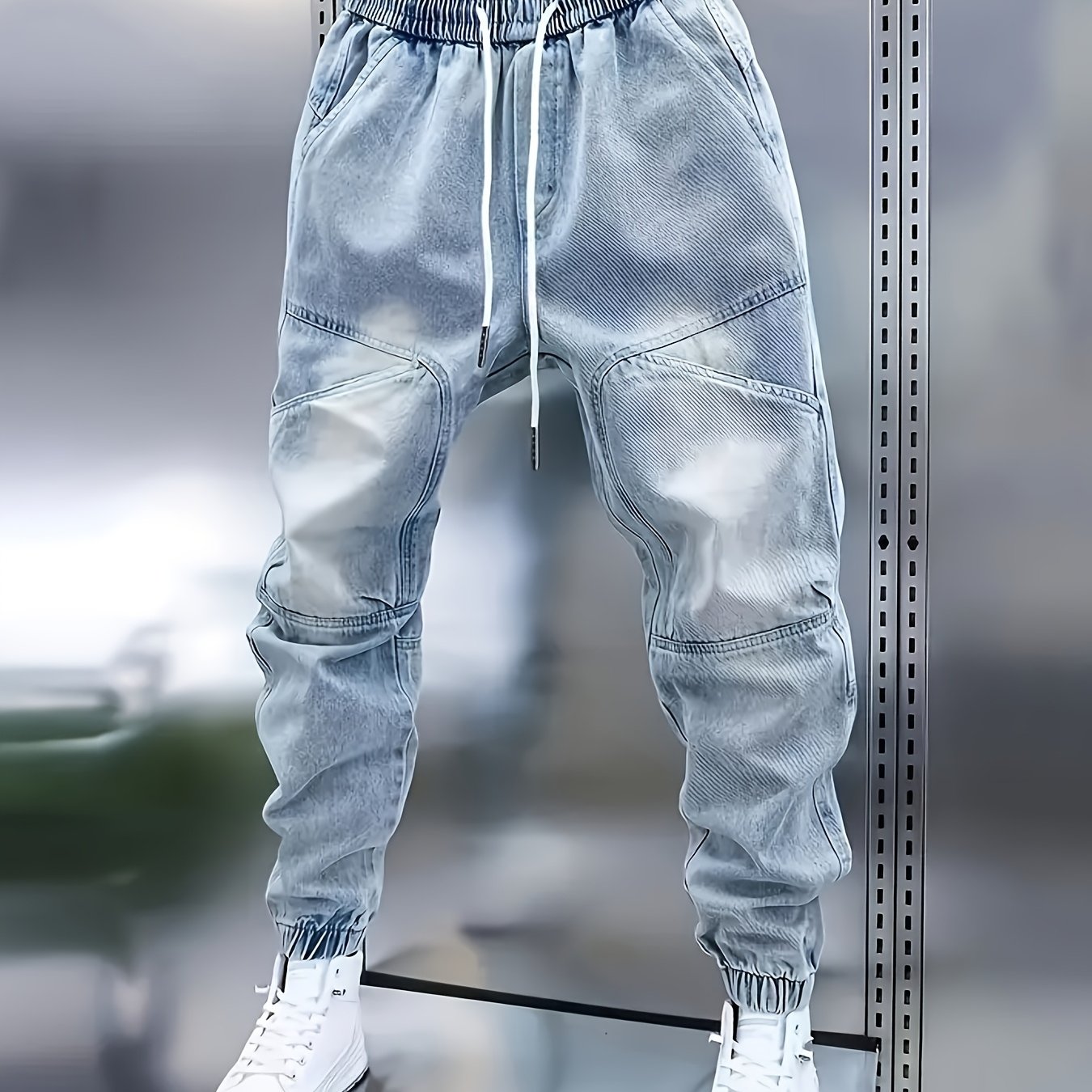 Men's Denim Long Pants, Fashion Casual Wear, Design, Drawstring Elastic Waist