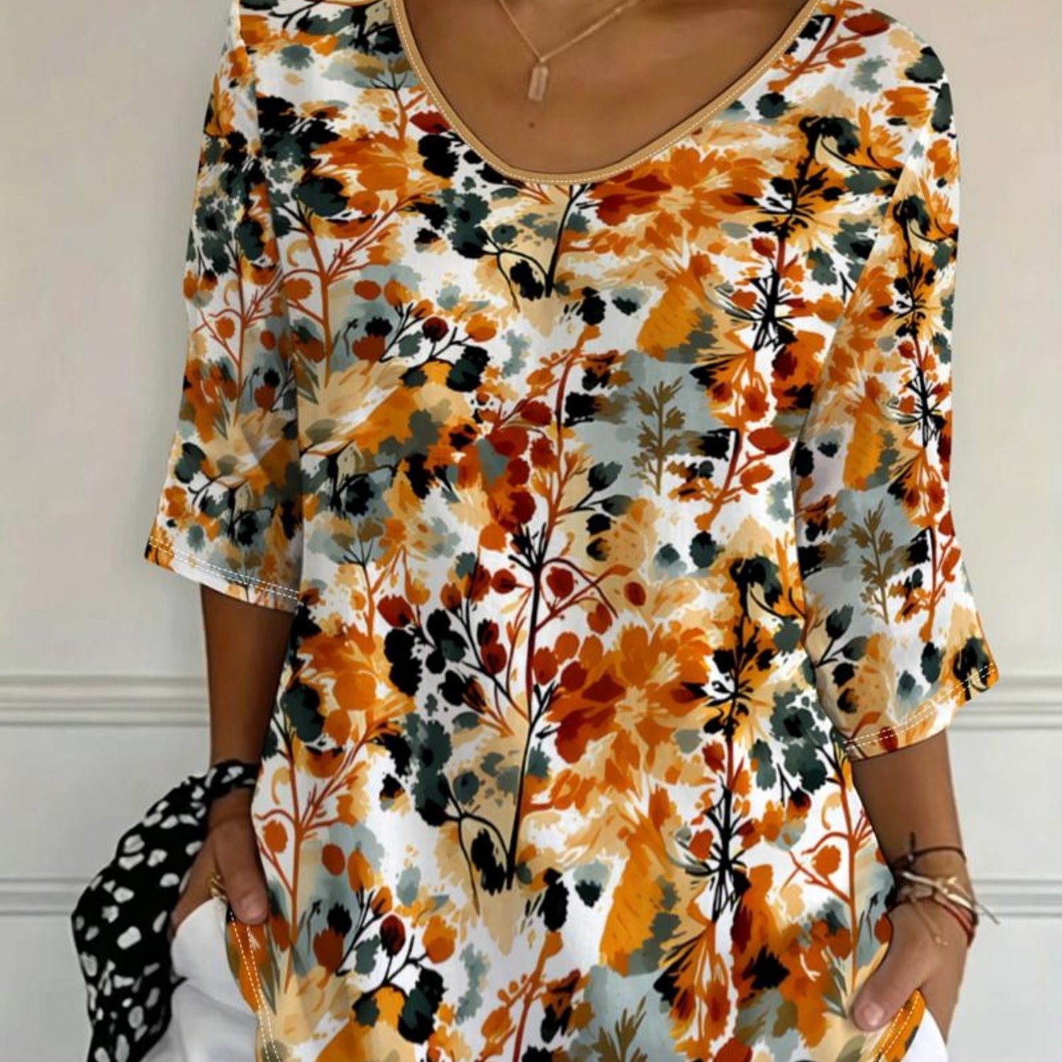 TEMU Plus Size Women's Floral Print Top, Multicolor, Available, Material, Pattern, Vibrant Artistic Decor, Suitable For Daily And Casual Wear,