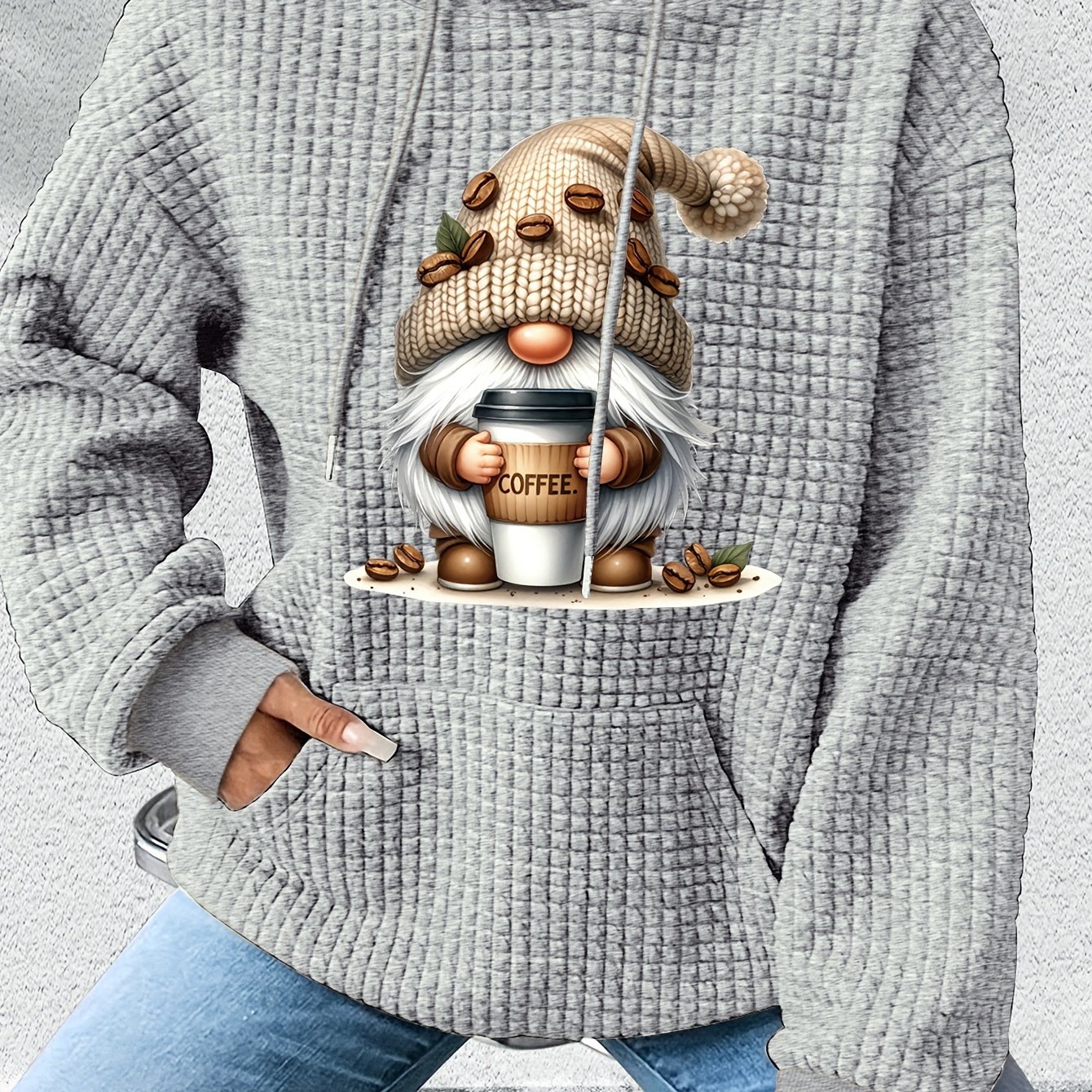 Image of Women' Gnome Print Hooded Sweatshirt - Cozy Waffle Pullover With Cartoon Design, Long Sleeve Casual Winter Hoodie, Machine Washable Fall & , Comfortable Clothing, Soft Texture Apparel