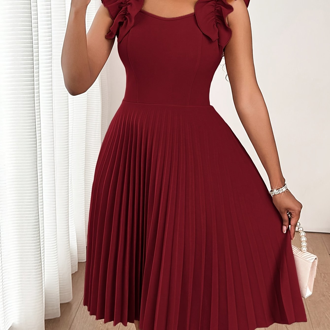 TEMU Elegant Wine Red Ruffle Dress | V-neck, Solid Color, Pleated Detail, Perfect For Back To, Formal Or Semi-formal Occasions, Festive Gatherings,