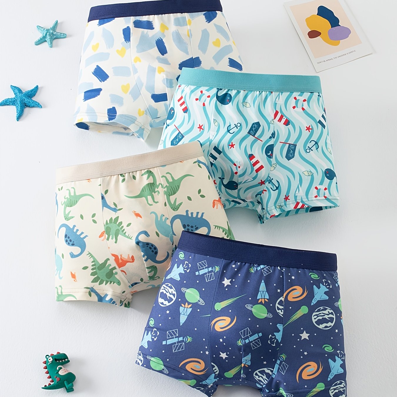 TEMU 4pcs Boys' Underwear, Spring/summer Mid-large Size For Big Kids, Boys, Fun Dinosaur, Space, And Wave Pattern, Children's Boxer Briefs,