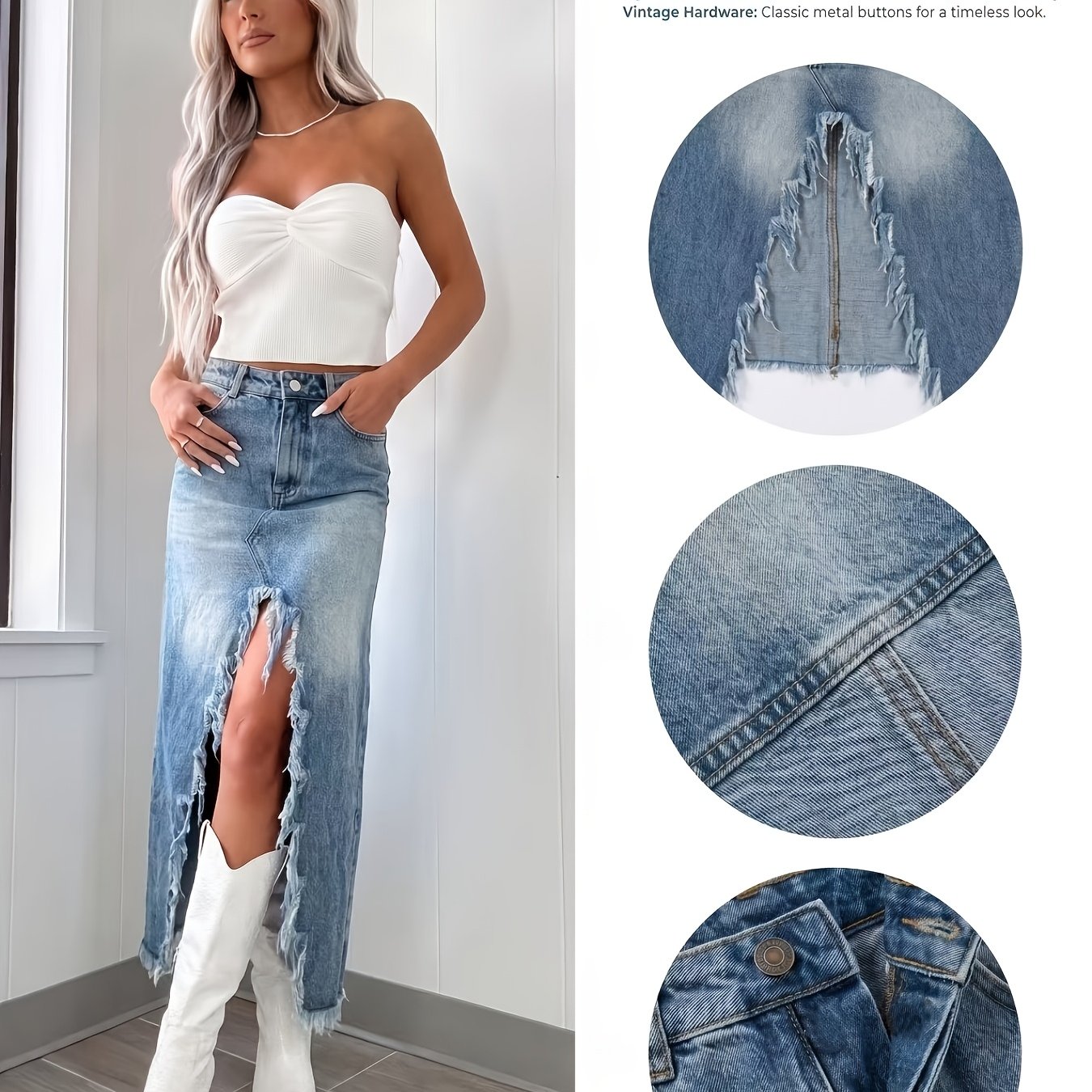 High-waisted Ripped Denim Midi Skirt With Irregular Tassel Hem, Front Slit A-line Denim Midi Skirt, Vintage Distressed Design, -style Women's Wear