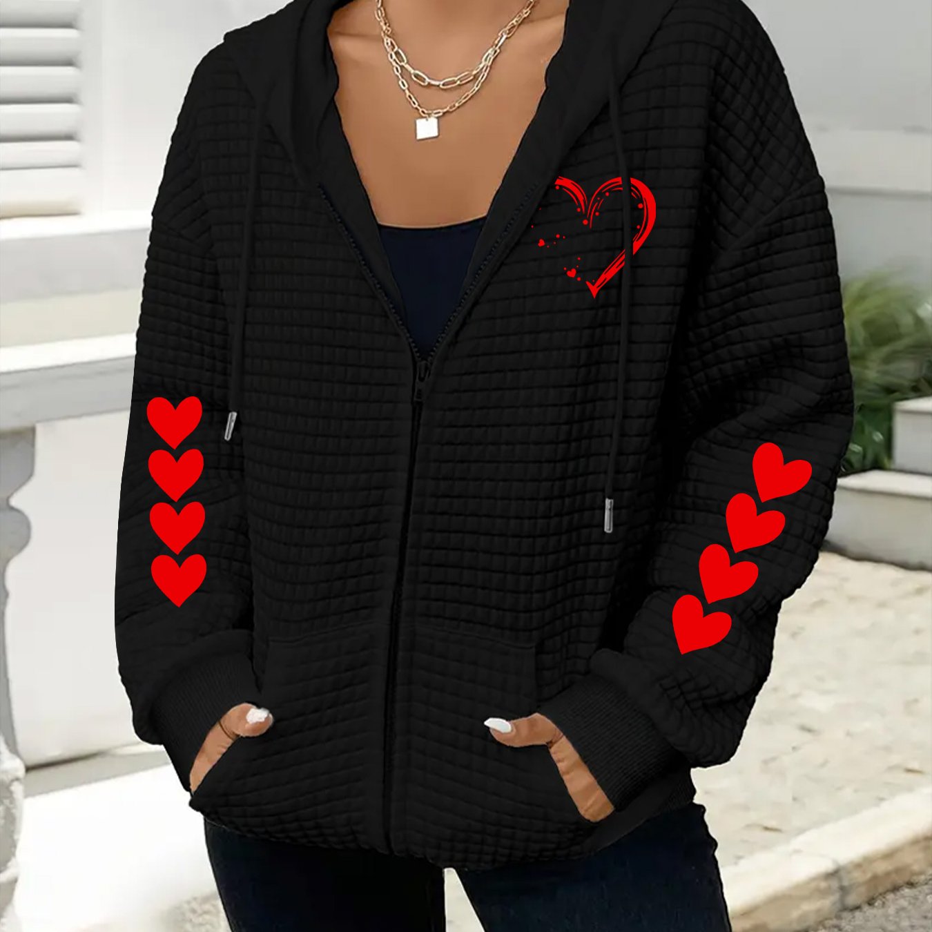 TEMU Plus Size, New Plus Size Women's Jacket Hoodie, Plus Size Women's Fashion Waffle Hooded Sweatshirt Jacket, Hoodie With Pockets, Casual Zip-up