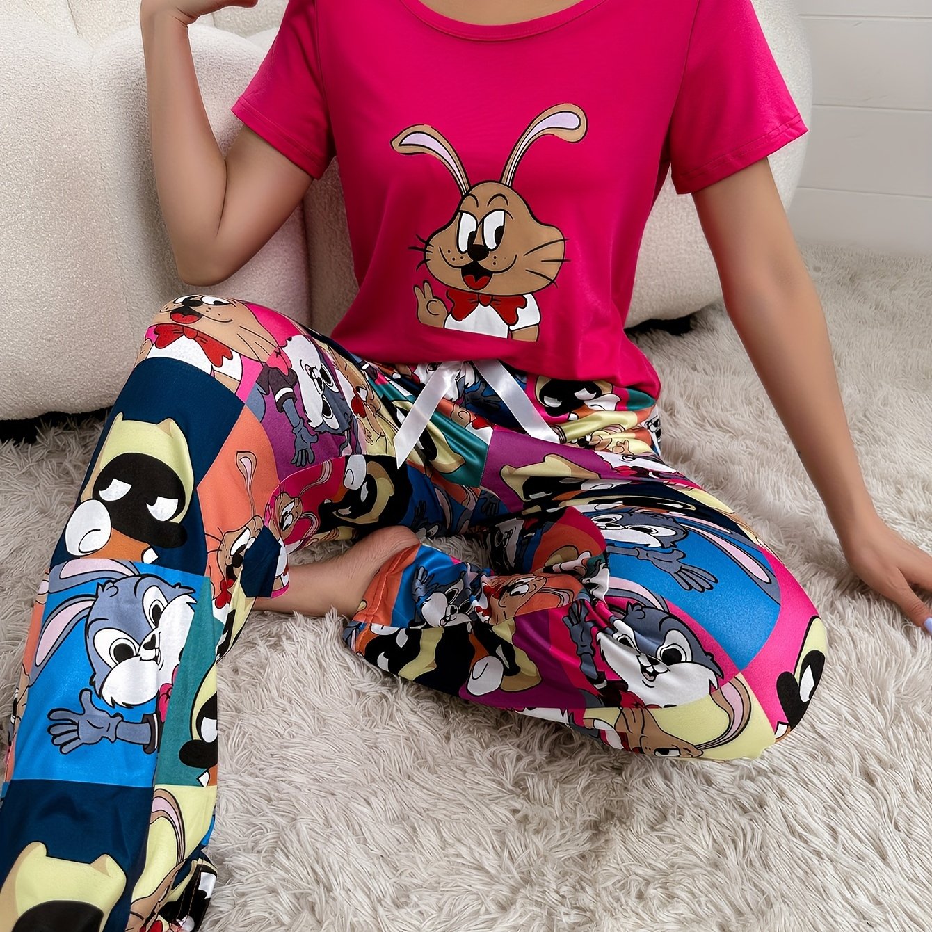 TEMU Women's Cute Cartoon Print Pajama Set, Short Sleeve Round Neck Top & Pants, Comfortable Relaxed Fit