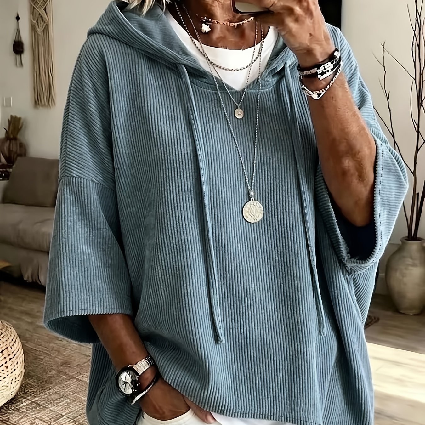 TEMU Women's Corduroy Hooded Sweatshirt Off-shoulder Elbow Sleeve Loose Oversized Casual Hoodie Top