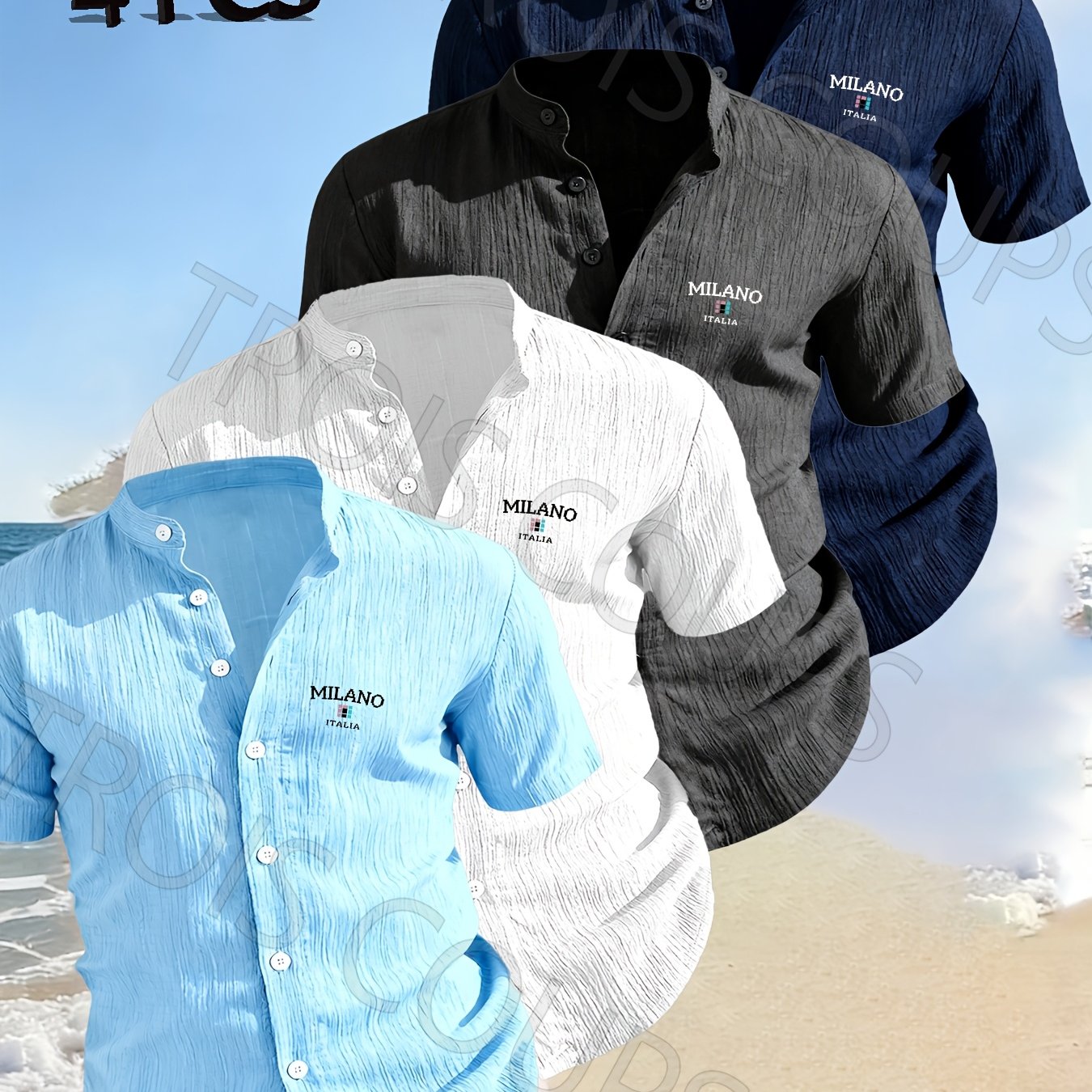 TEMU ['s Obm] 4pcs Set, Individual Men's 2026 Men's Clothing -up Collar Solid Color Shirt - Geometric Pattern, Spring -quality Men's Short Sleeve