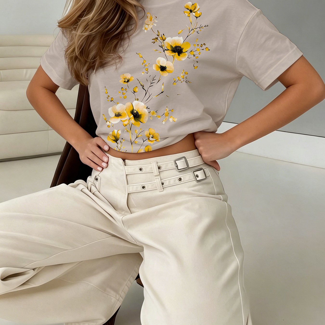 TEMU Women's Short Sleeve Western Floral T-shirt, Asymmetrical Yellow Bouquet Print, Round Neck Casual Top, Lightweight Comfortable Wear