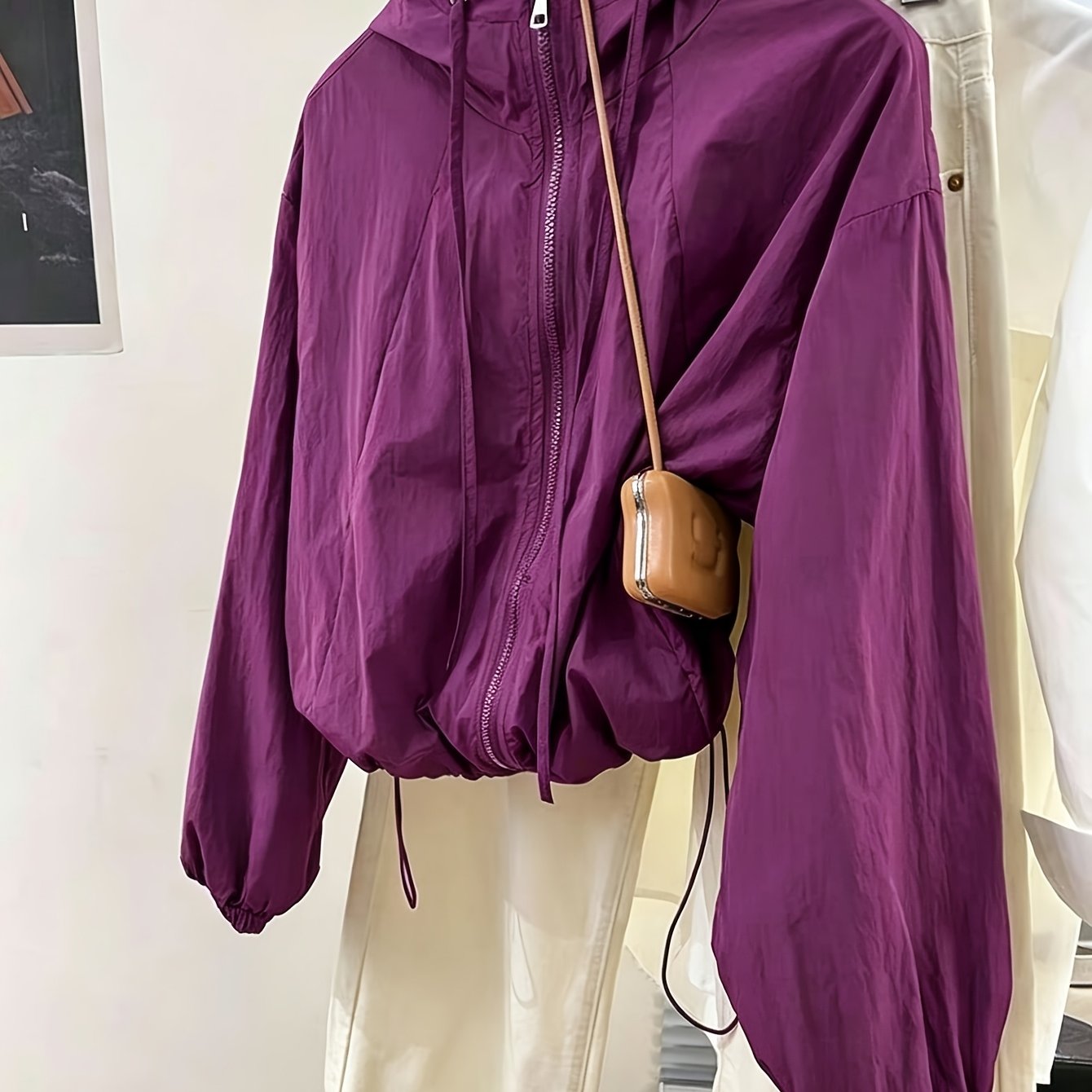 TEMU New Minimalist Lightweight Hooded Jacket Top For Women, Daily Casual Loose Fit Short Style With Drawstring Waist, Zipper Cardigan, Versatile ,