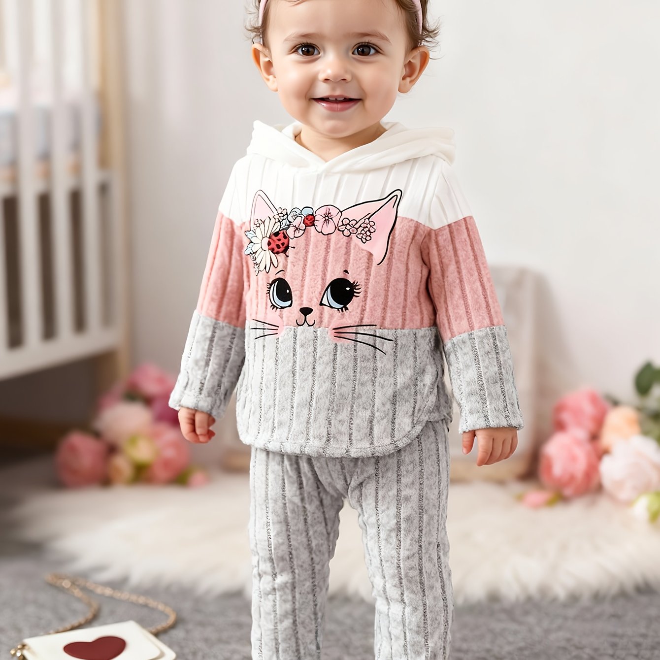 E-shop Baby-Herbst/Winter-Jogginghosen-Set mit Kapuzenpullover im Color-Blocking-Stil + Hose, mit niedlichem Katzen-Aufdruck, für Mädchen als