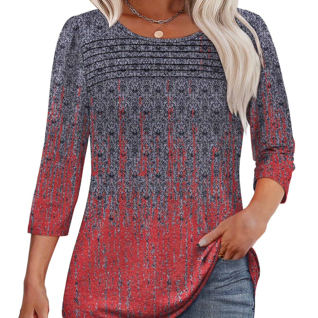 Women's Casual 3/4 Sleeve T-shirt With Print, Relaxed Fit Round Neck, Machine Washable, Versatile Top For Casual Attire, Ladies T Shirts, Durable Casualwear