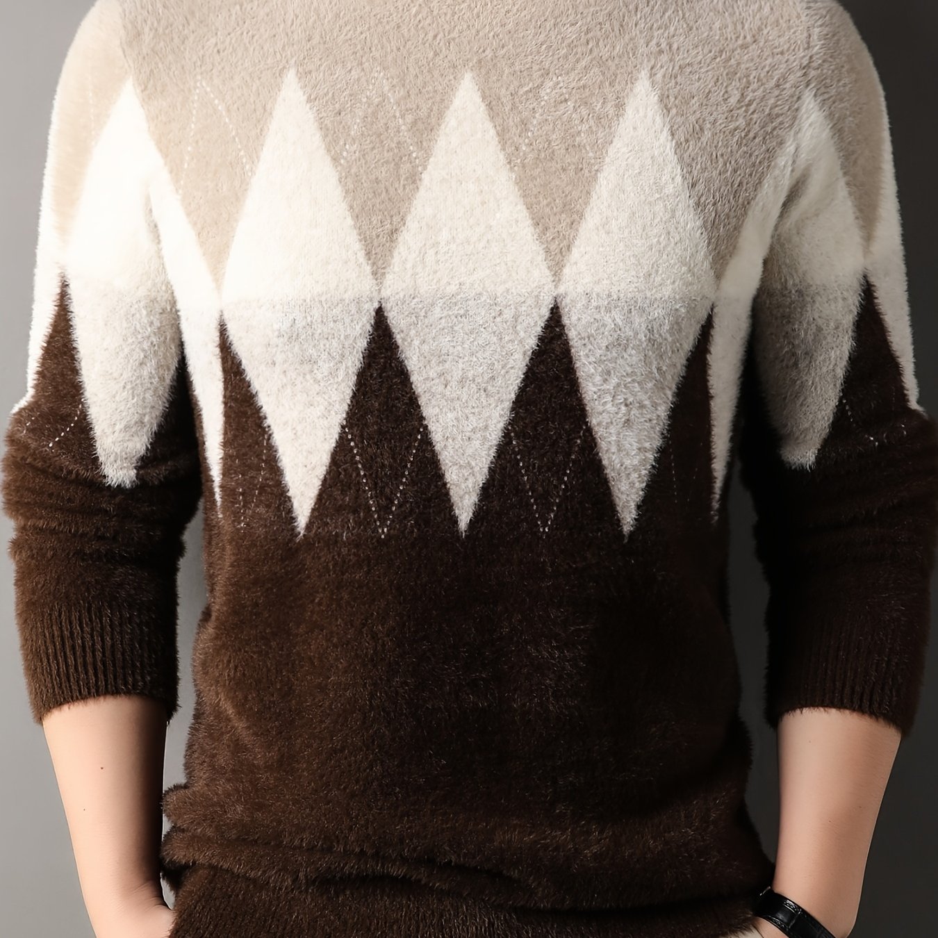 TEMU [] Autumn Winter Men's Round Neck Color-block Fleece Thick Knit Sweater