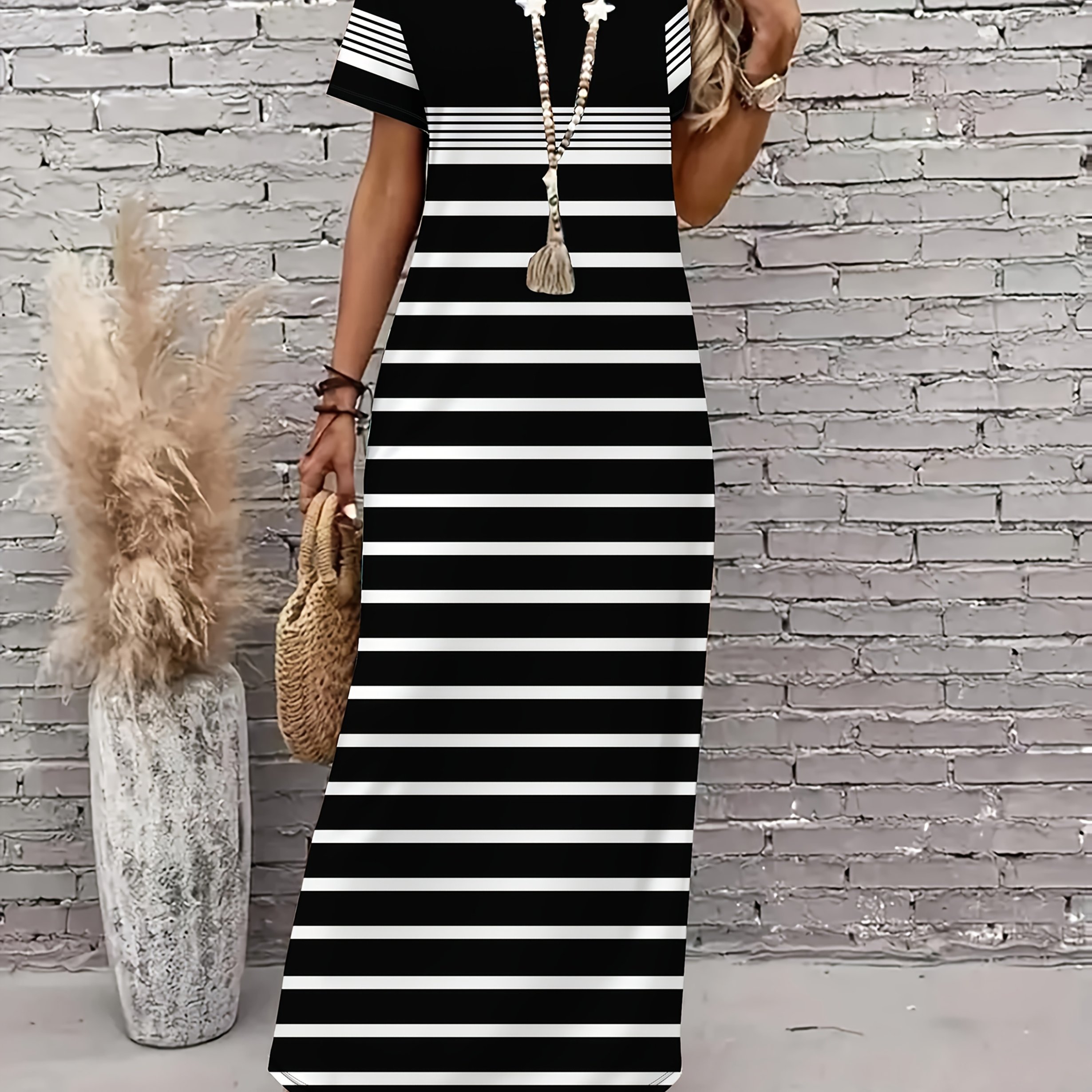 Image of 2026 And Summer Vintage Elegant Black And White Striped Contrasting Dress V-neck Micro Elastic Fabric Suitable For , Versatile And Close Fitting Long Dress, In Europe, America And Latin America