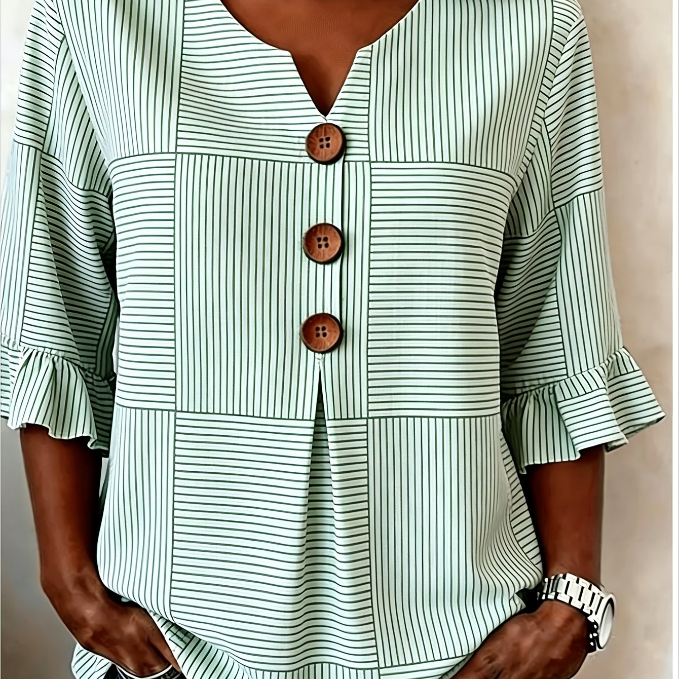TEMU This Bohemian-style Geometric Striped Plaid Print Women'-button V-neck Top Features A 3/4 Sleeve Design With Ruffle Details, Suitable For , From