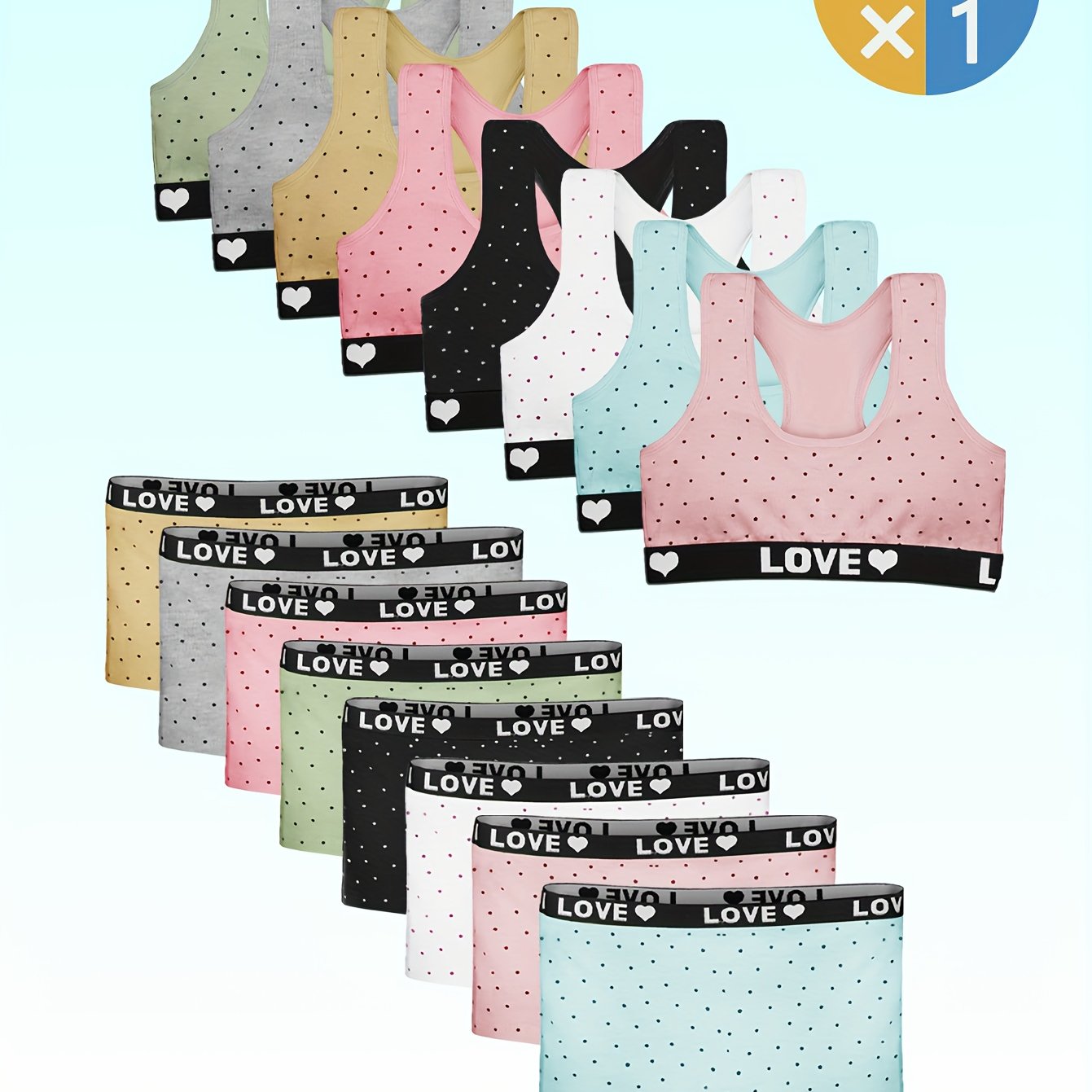 Image of Random 1/6sets Girls Underwear And Panty Set Detachable Chest Pad Cotton Comfortable Breathable Polka-dot Letter Print Vest Suitable 10-12