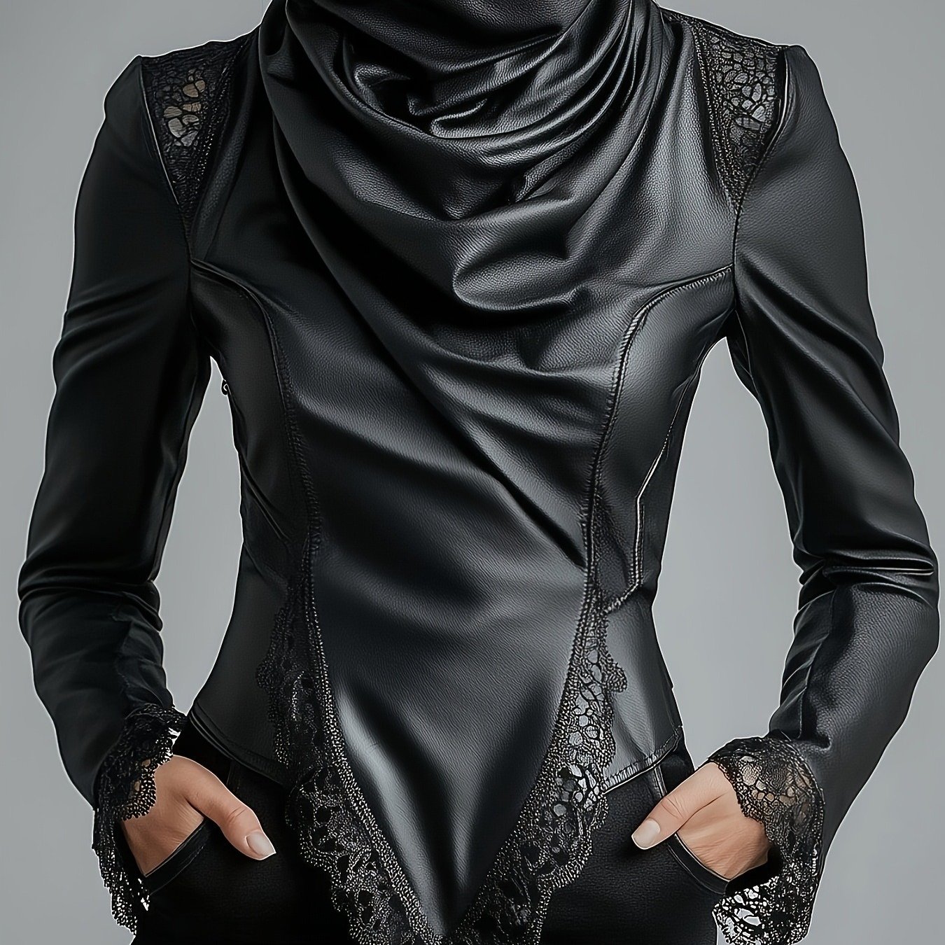 Image of Women' Size Black High Neck Long Sleeve Top, Single Piece Lace Trim Asymmetric Hem Fitted Blouse, For Gothic & Night Out Outfits