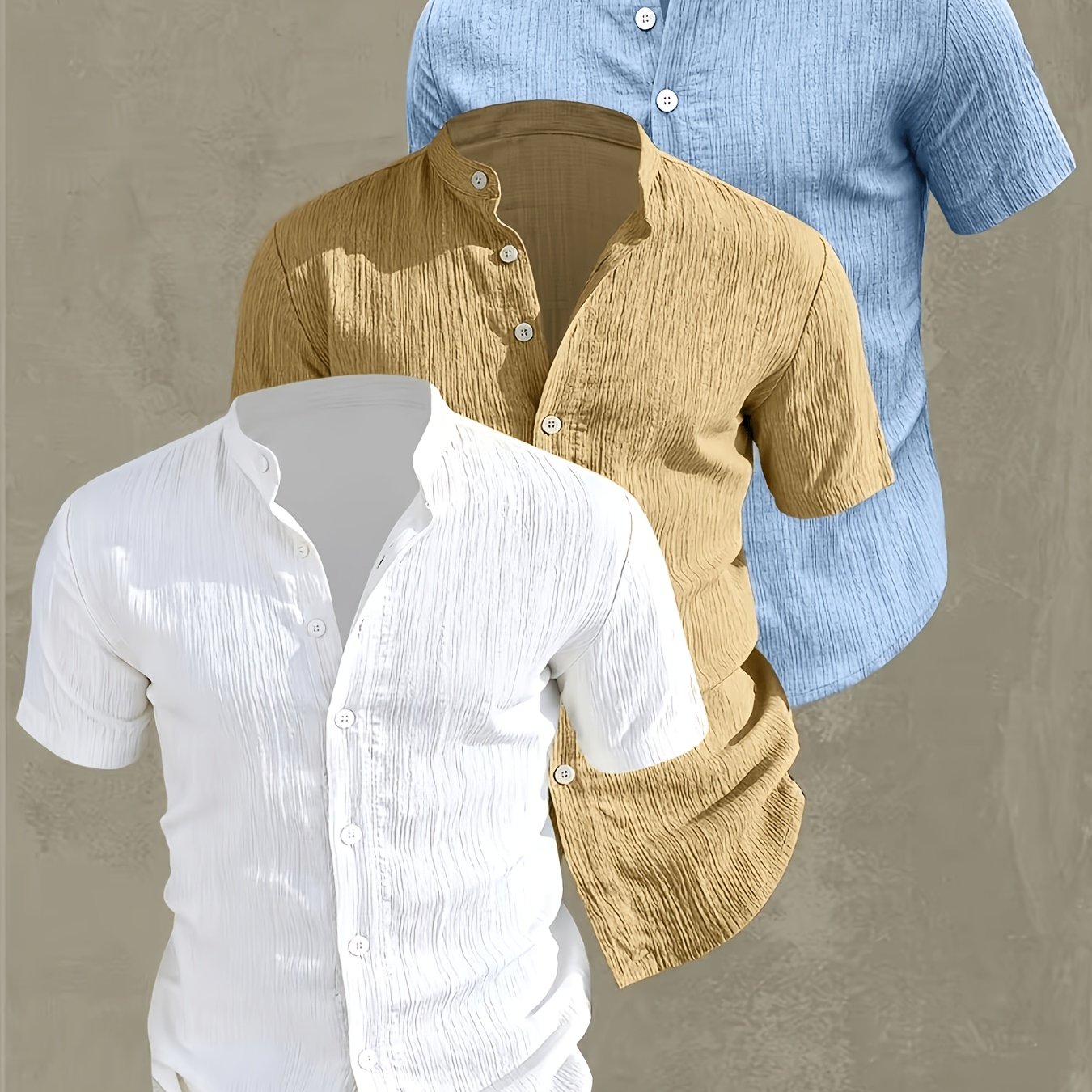 3pcs Men's Casual Lapel Button-up Shirts Solid Color Lightweight Breathable Fabric, Suitable For Office Business Vacation Beach