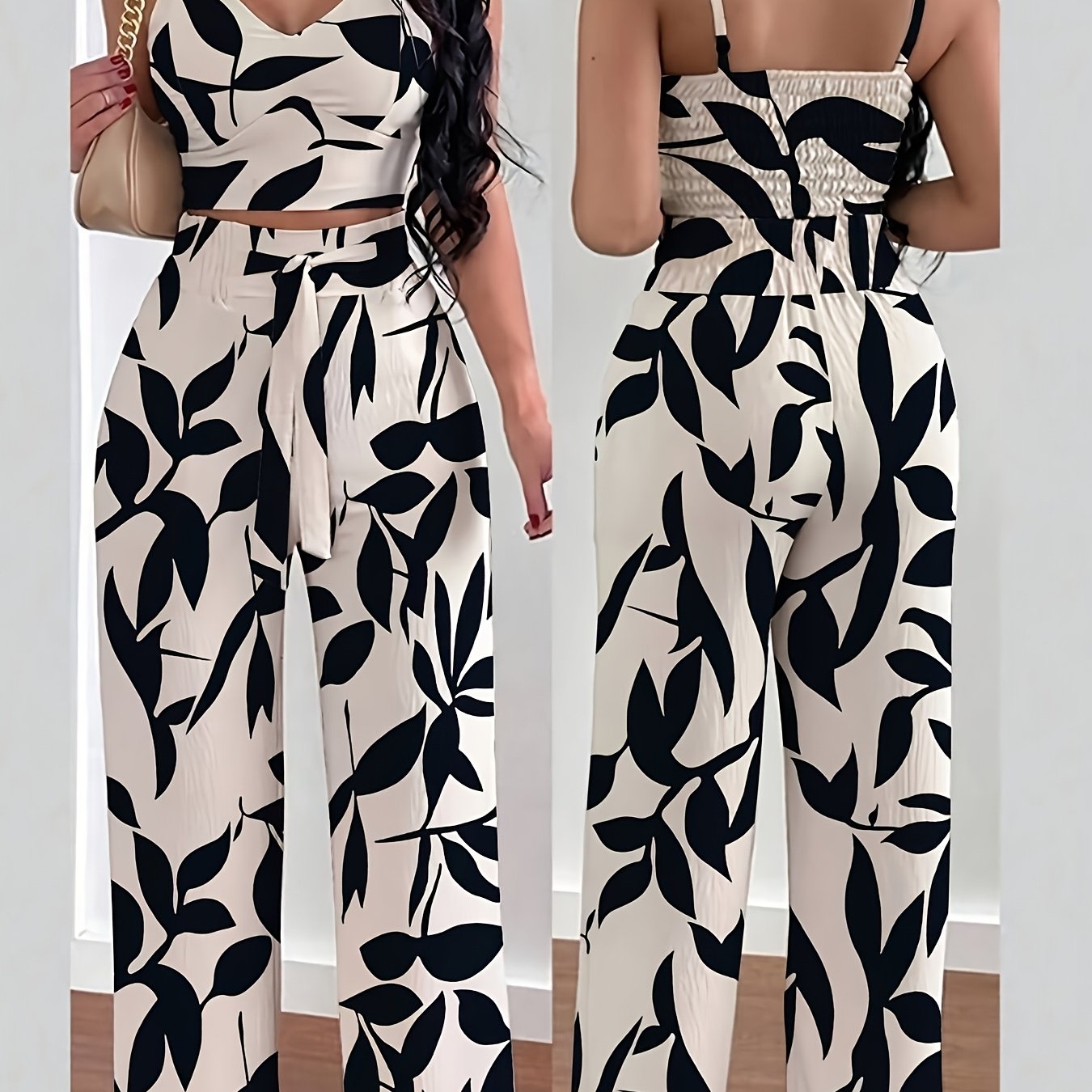 Image of Set Of 2 Women's Stretchy Camisole Tops With Thin Straps And Wide-leg Pants