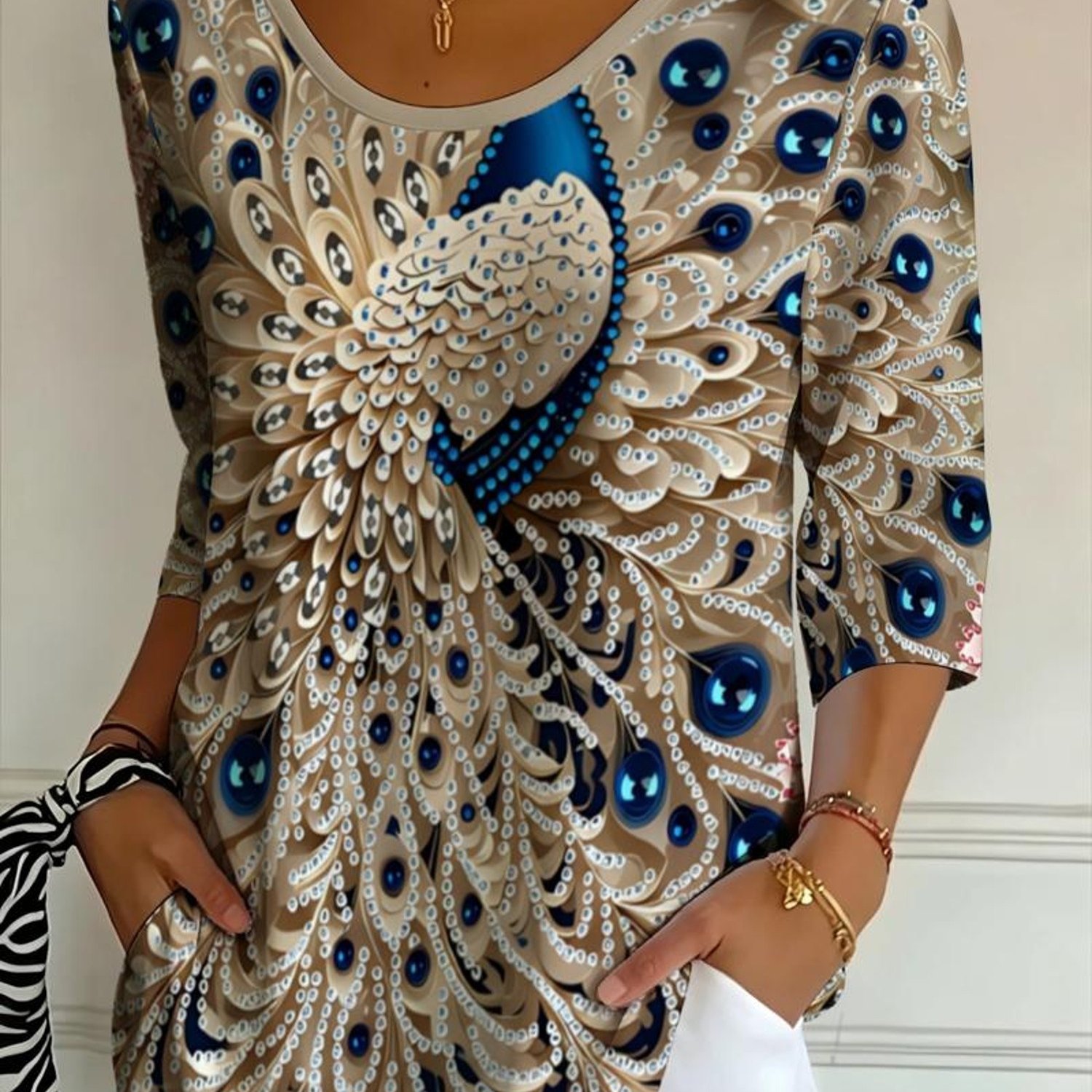 TEMU [printed Design - Not Textured] Women's 3/4 Sleeve T-shirt, Peacock Gemstone Pattern Print, Suitable For Casual Wear, Fashionable And Luxurious