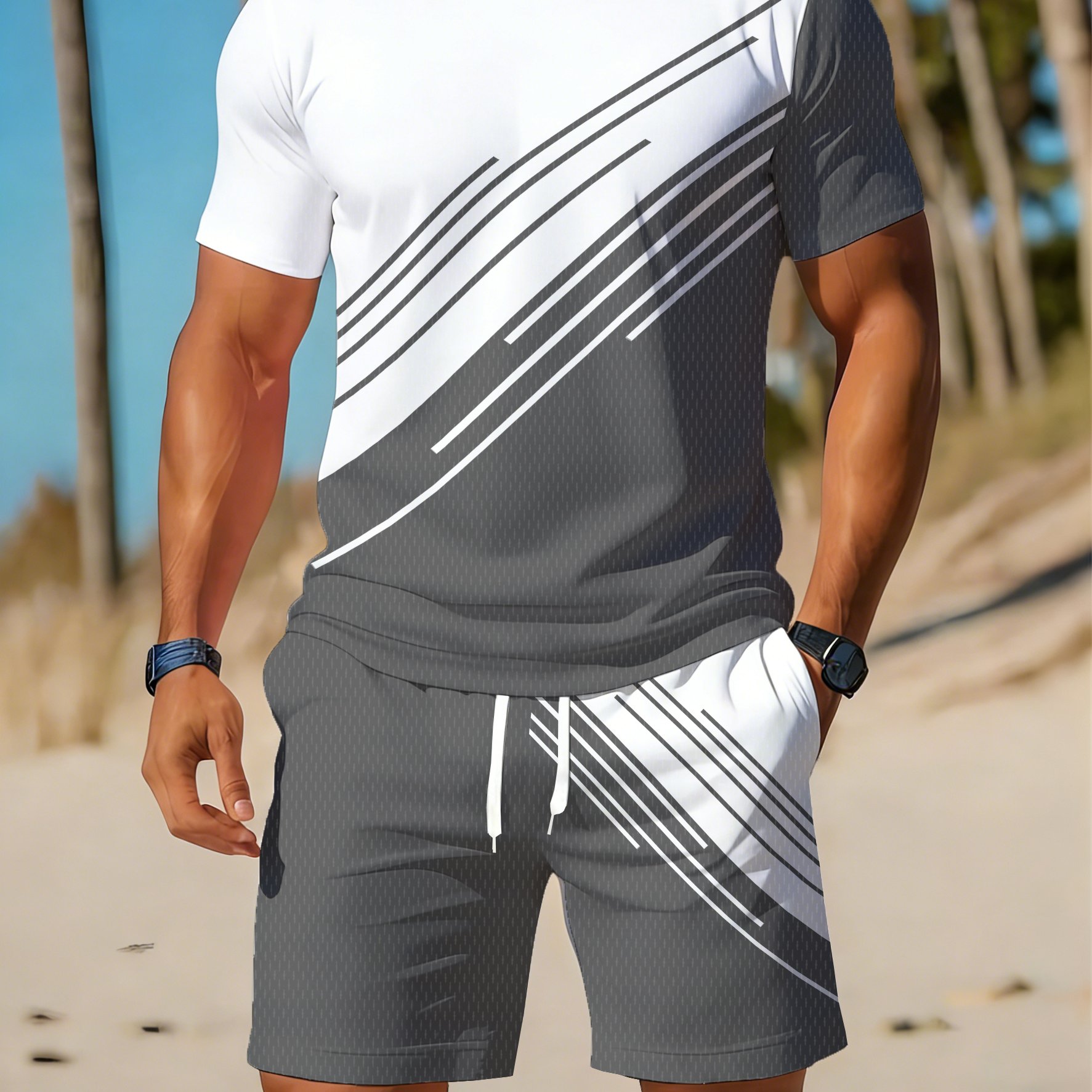 Men's Casual Sportswear Set, Breathable Outdoor Leisure Round Neck T-shirt And Shorts Set, Summer Set For Adults
